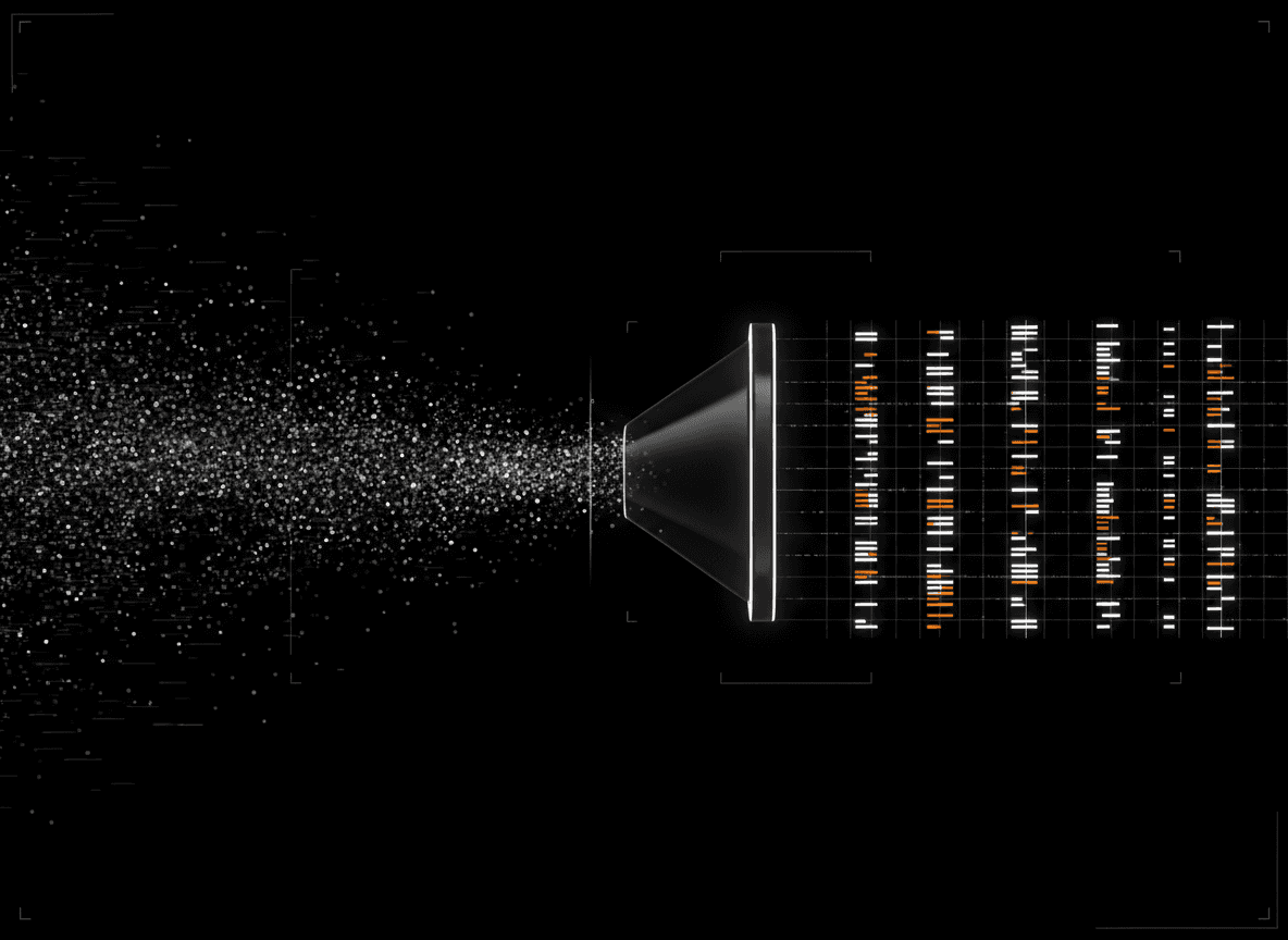 Digital sound wave illustration with data visualization. Particle effect emitting from cone-shaped speaker on black.