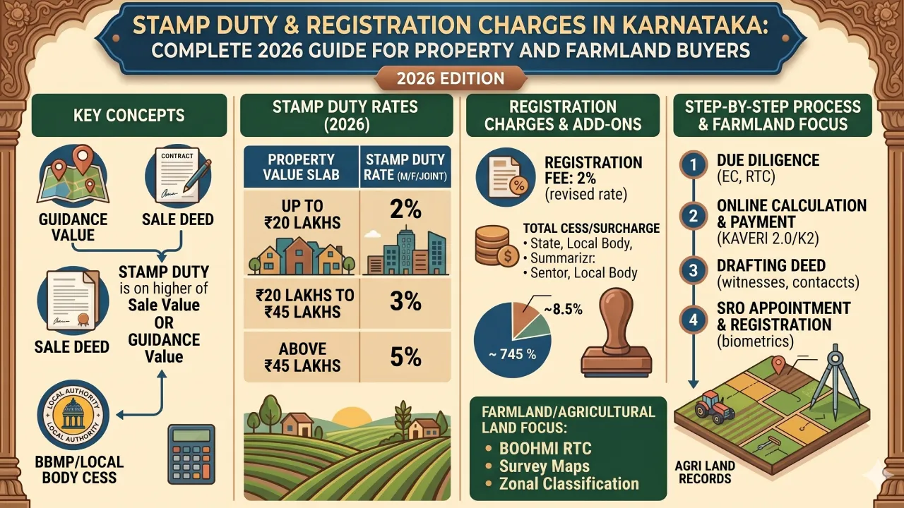 Stamp Duty & Registration Charges in Karnataka: Complete 2026 Guide for Property and Farmland Buyers
