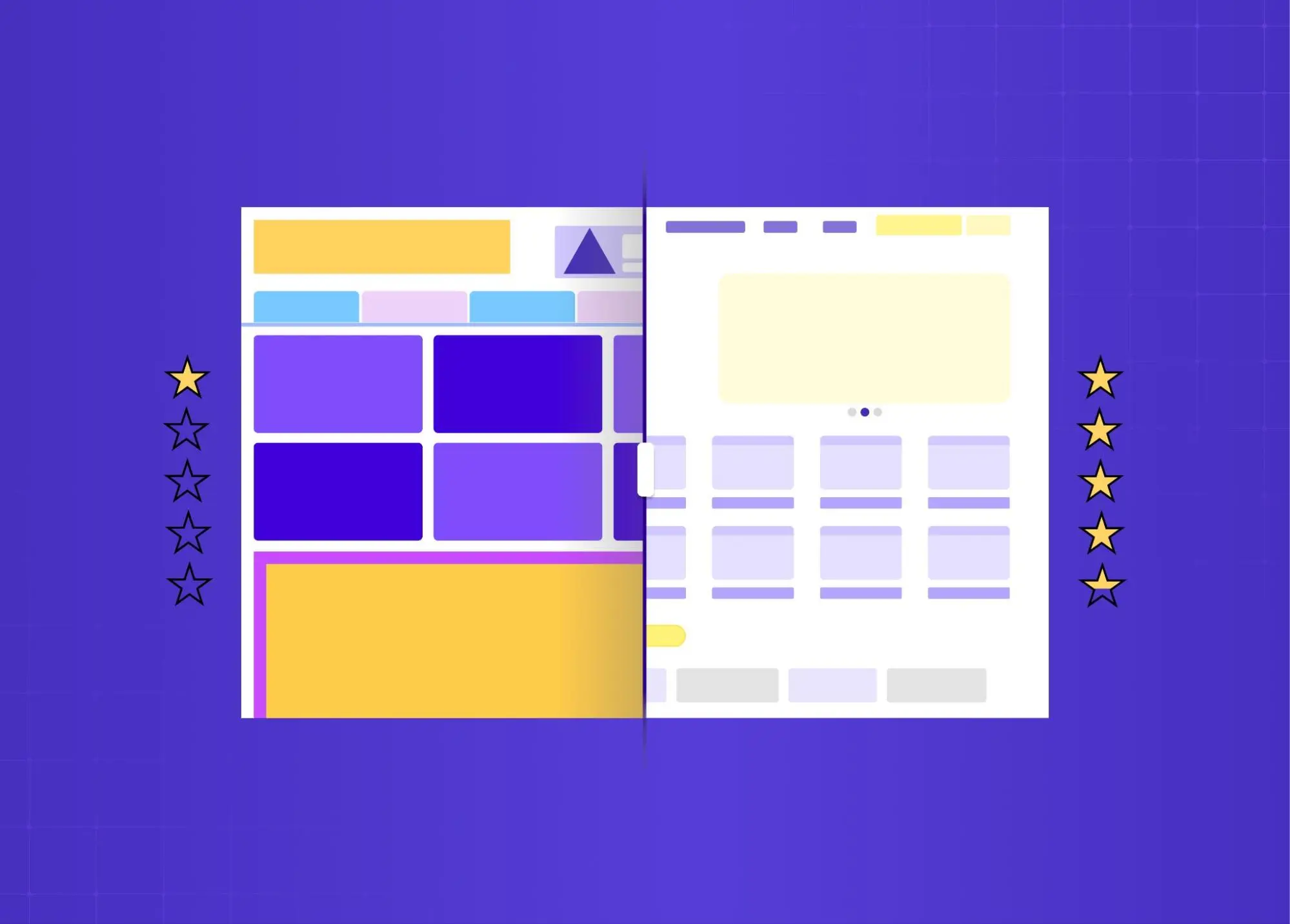 Side-by-side visual comparison of cluttered versus clean website layouts with star ratings indicating design quality.