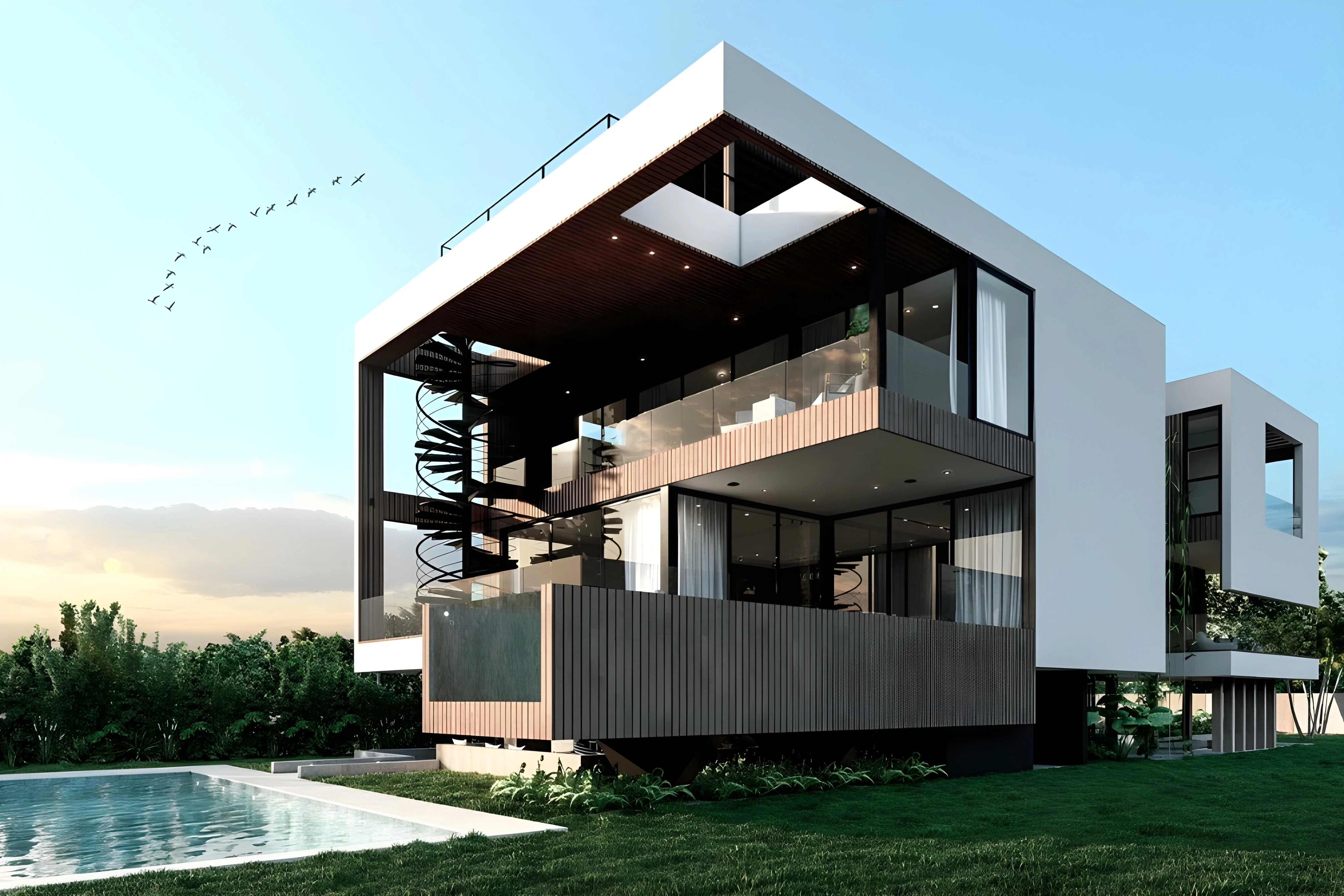 Modern Miami residential home with glass walls, spiral staircase, and pool designed by Atelier International.