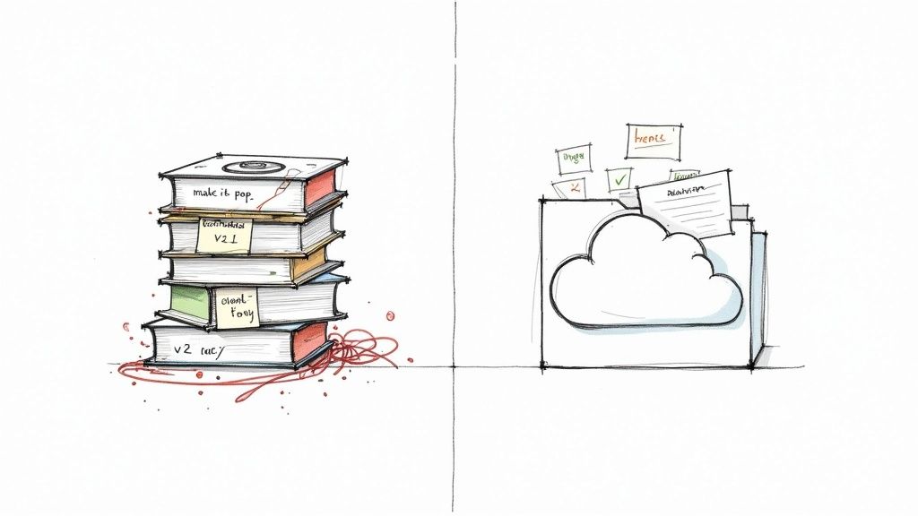 Messy stack of physical books versus organized cloud-based digital file management system illustration
