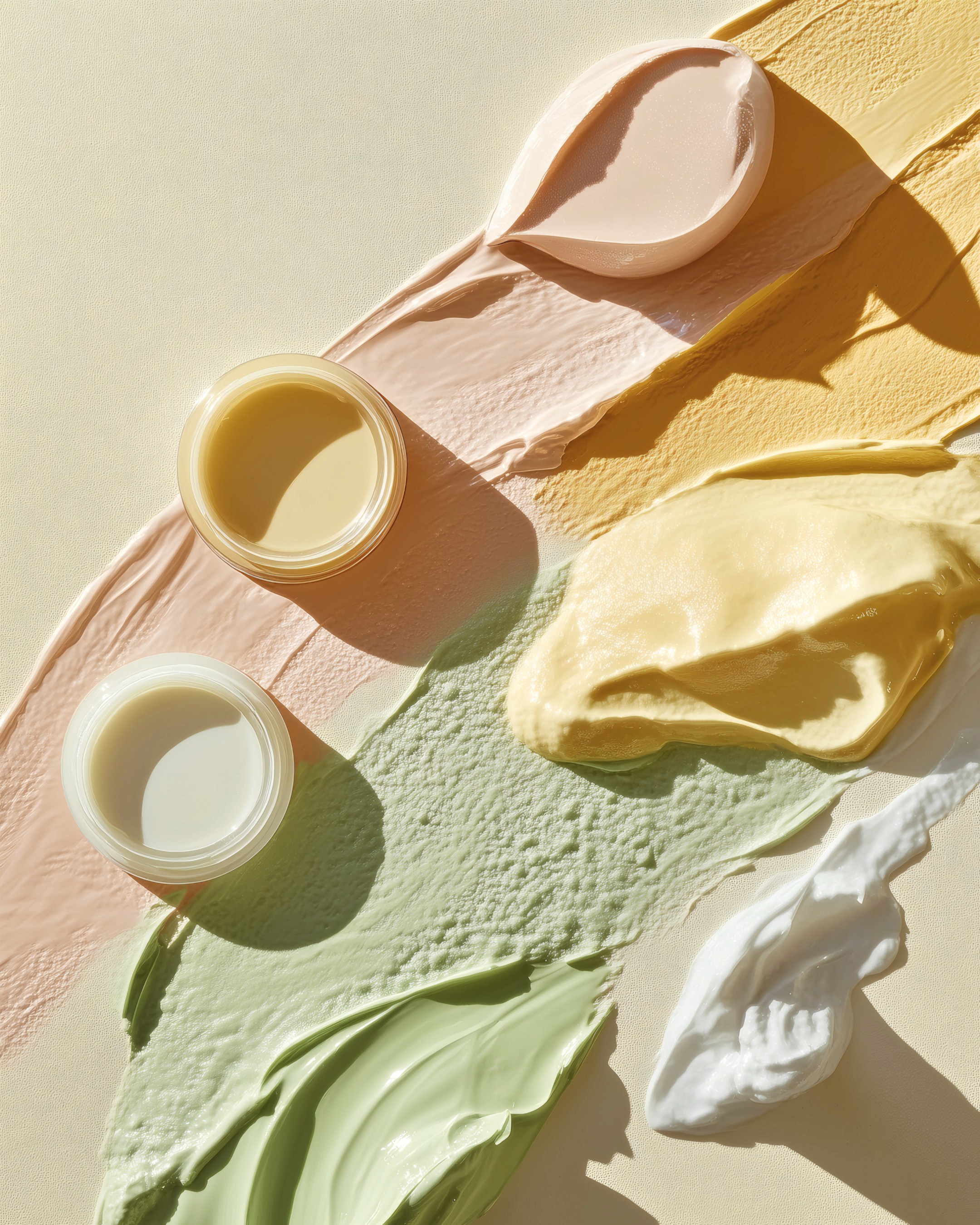 Flat lay of colorful skincare creams and cosmetic textures with jars and beauty formulations