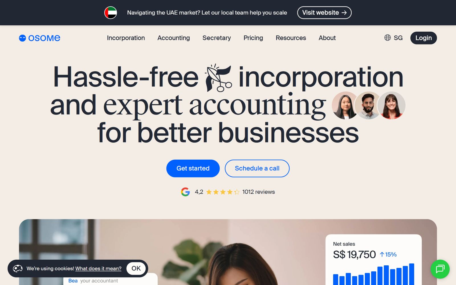 Osome" website screenshot showing "Hassle-free incorporation and expert accounting for better businesses" with buttons "Get started" and...