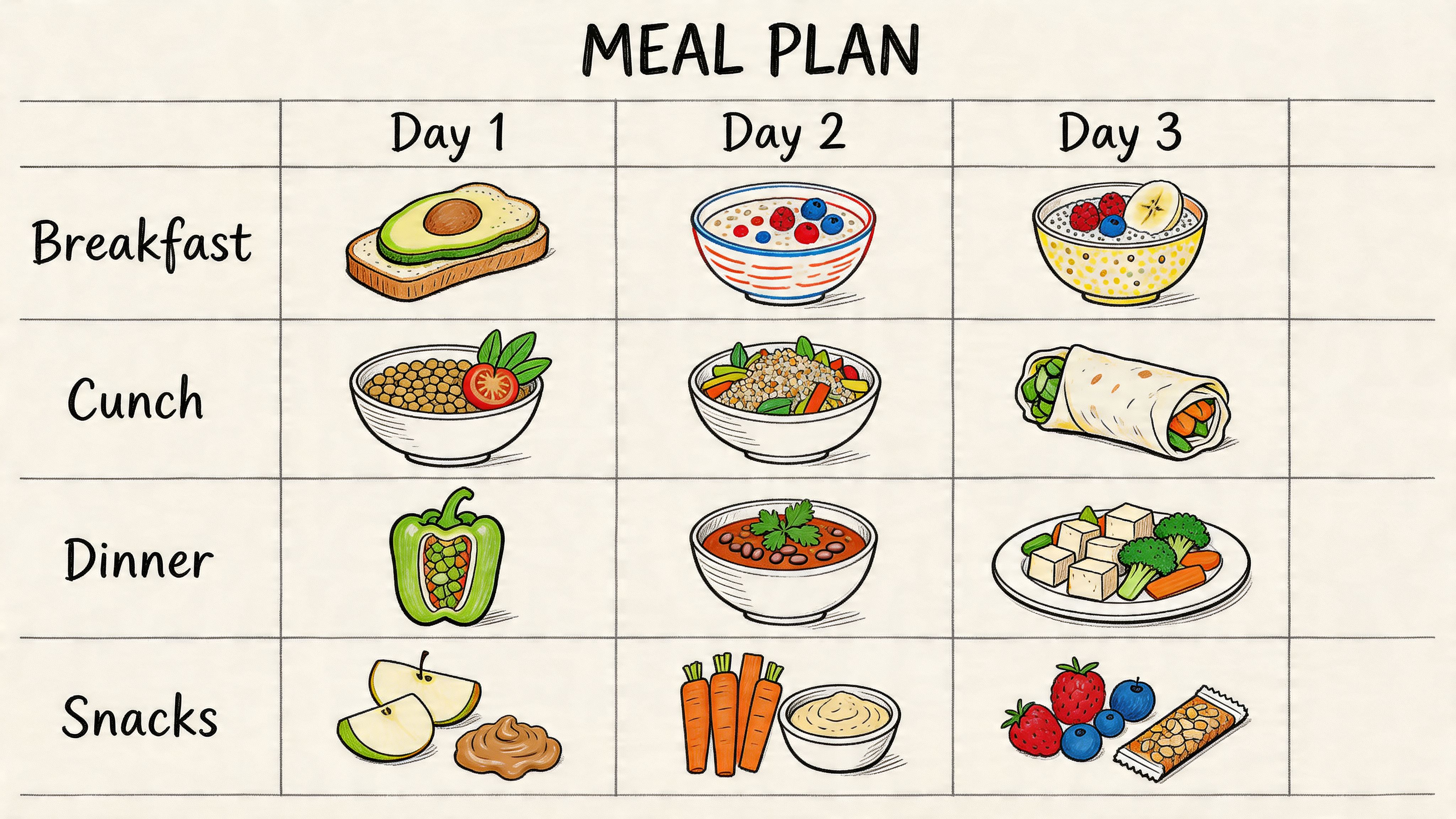 A hand-drawn vegetarian three day meal plan chart showing healthy breakfast, lunch, dinner, and snack options.