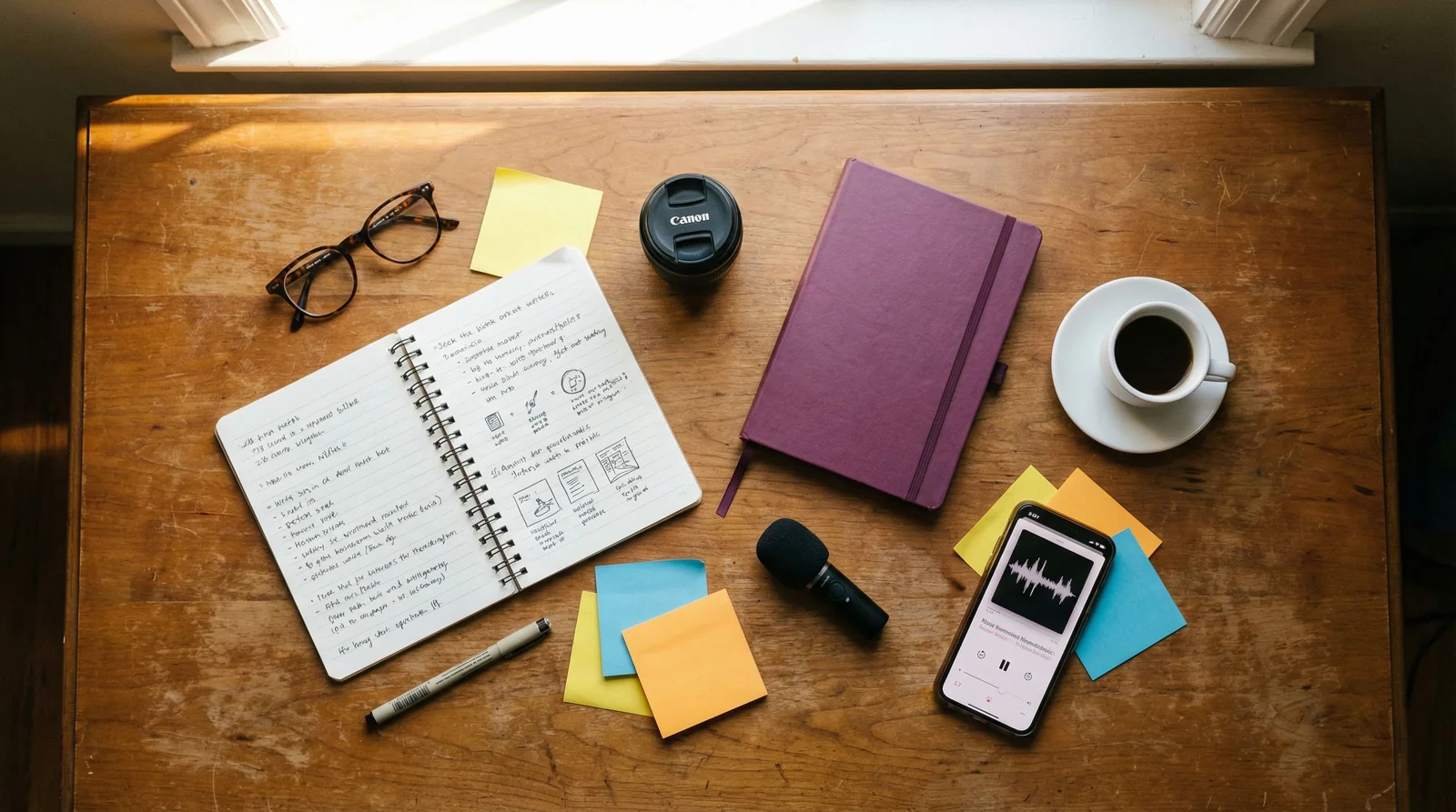 Overhead flatlay of content creator toolkit: notebook, camera lens cap, portable mic, purple journal, phone showing podcast waveform, coffee