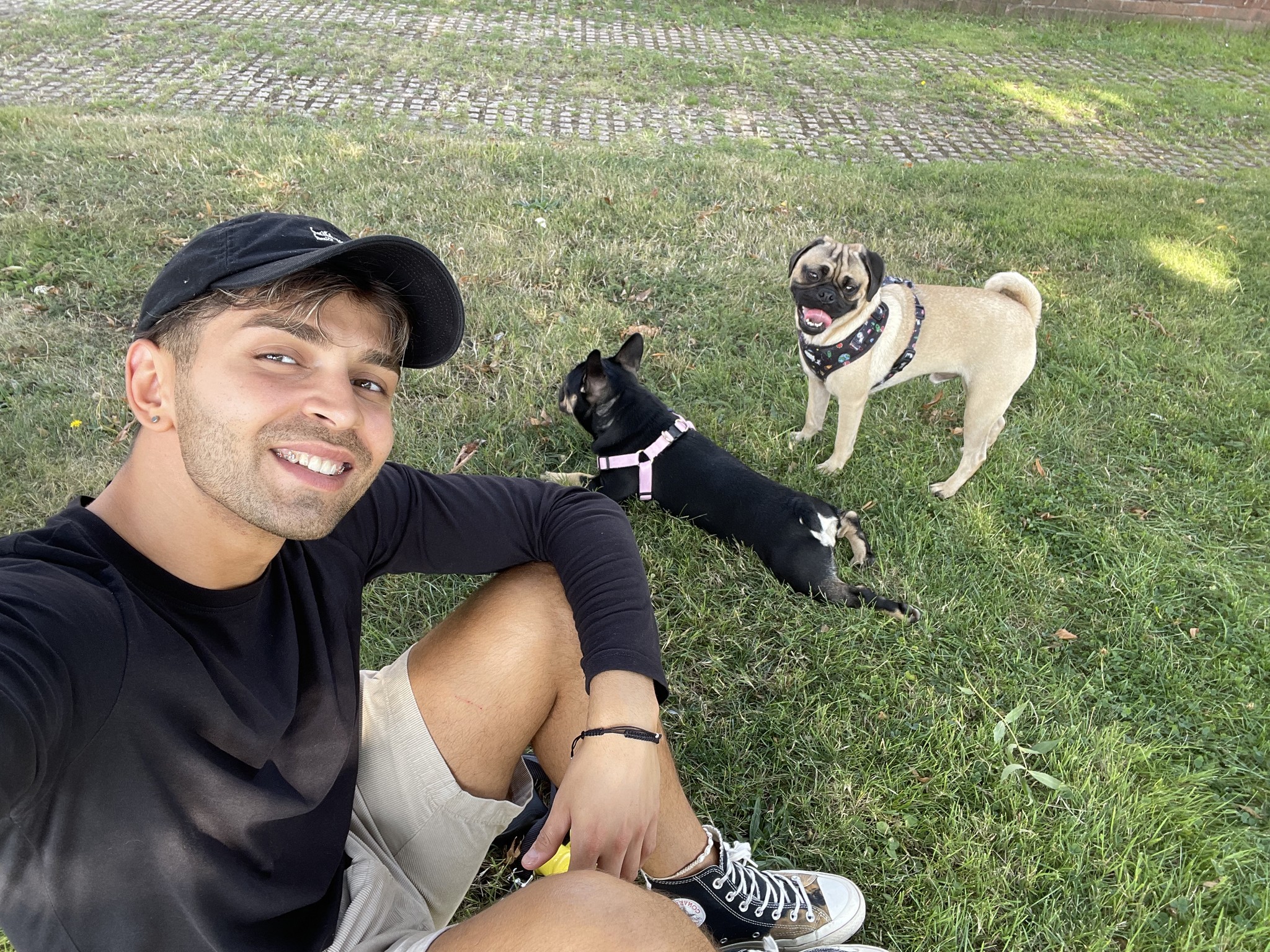 Man sitting on grass wearing a black cap and shirt while taking a selfie, with a black and tan dog lying beside him and a beige dog standing nearby, both on a grassy field.