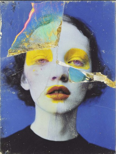 Abstract digital portrait with torn paper and gold accents, surreal conceptual artwork.
