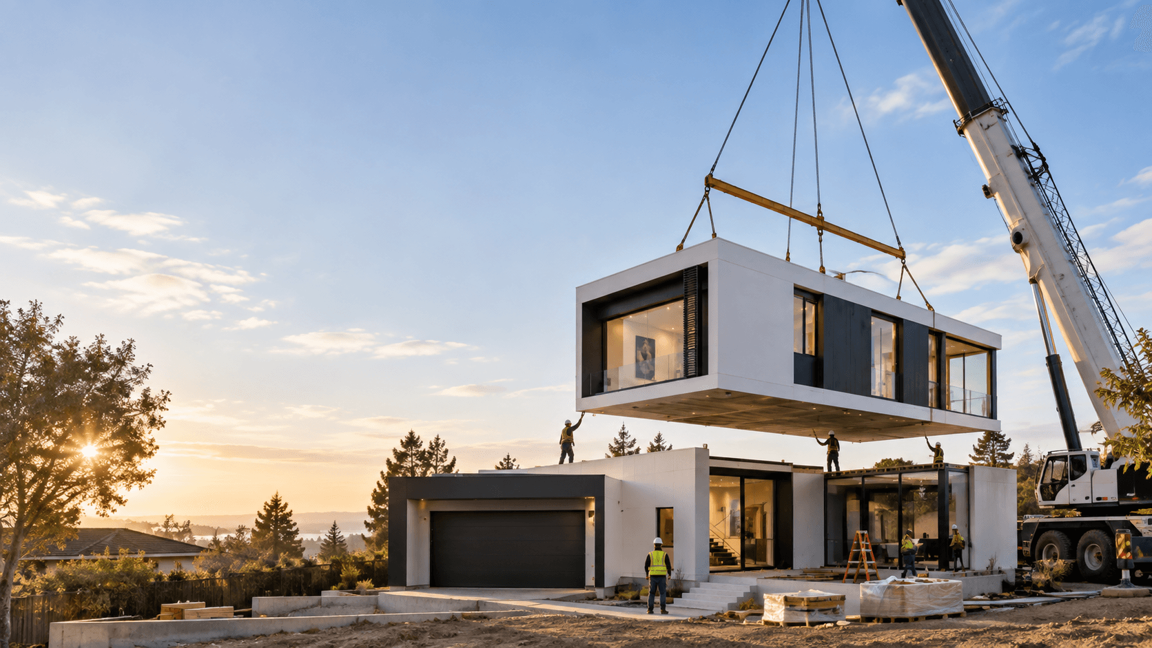 Two-story modular home section being lowered by crane onto a modern residence during golden hour.