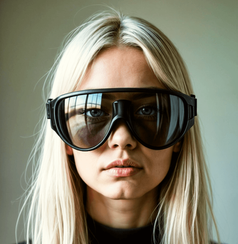 A person with long blonde hair wearing large black protective goggles.
