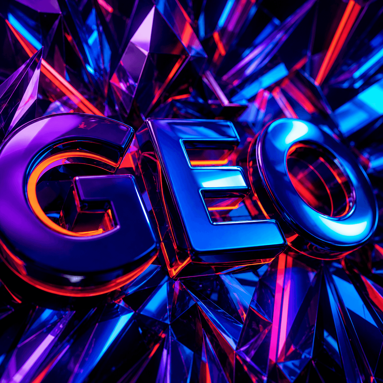 Glossy 3D letters spelling “GEO” in blue, purple, and red neon lighting against an abstract crystalline background