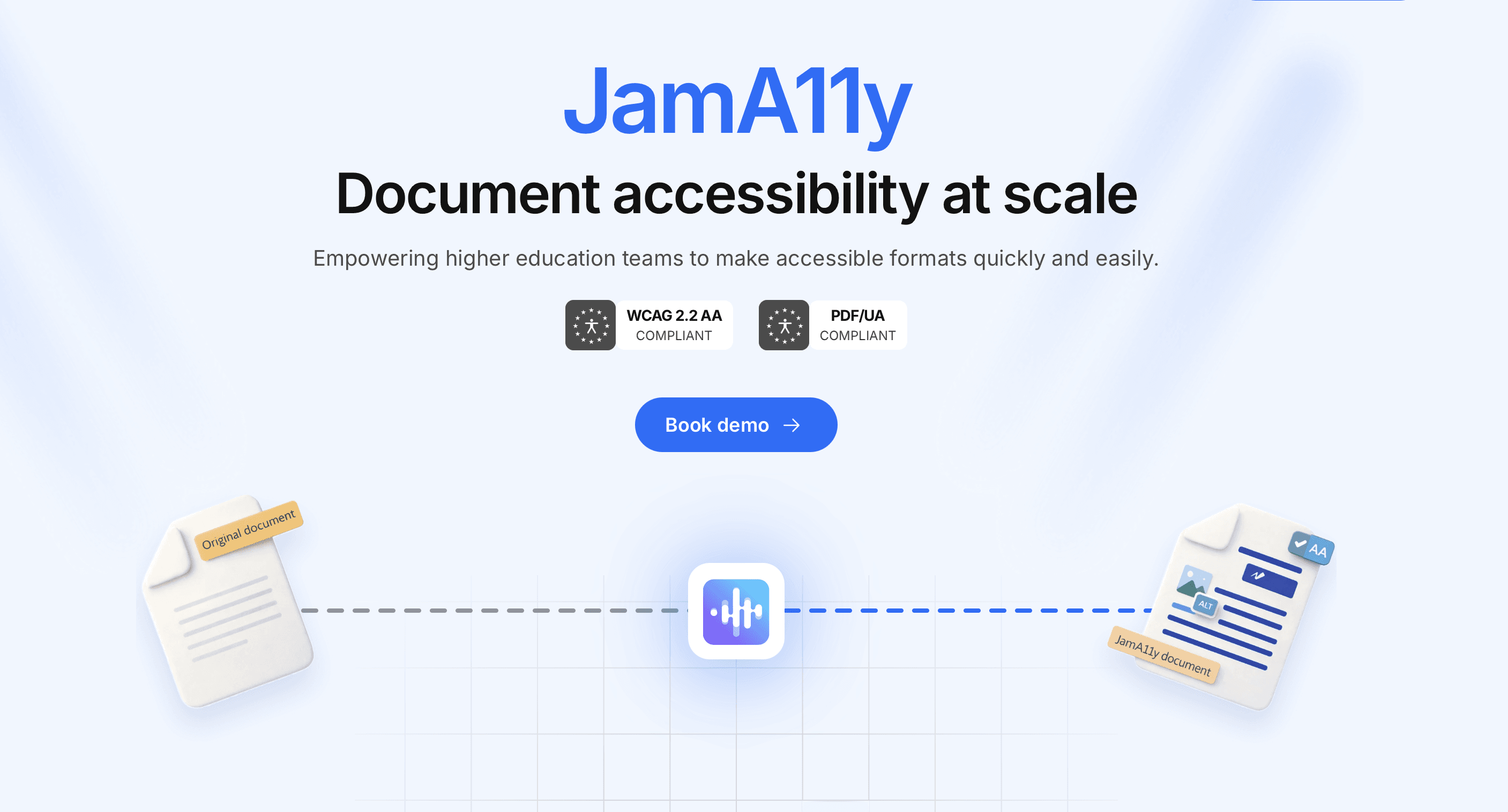 JamA11y banner: "Document accessibility at scale." An illustration shows an original document converting into an accessible document.