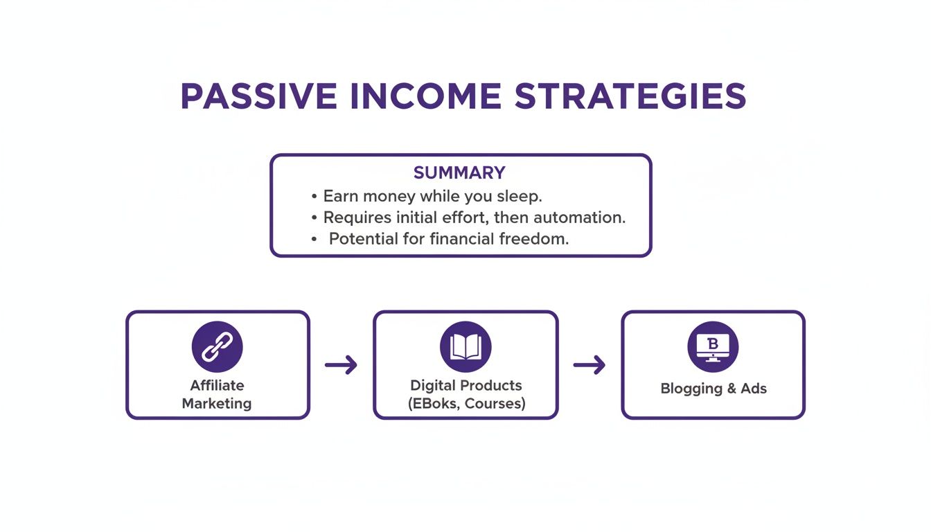 Diagram illustrating passive income strategies including affiliate marketing, digital products, and blogging with ads.