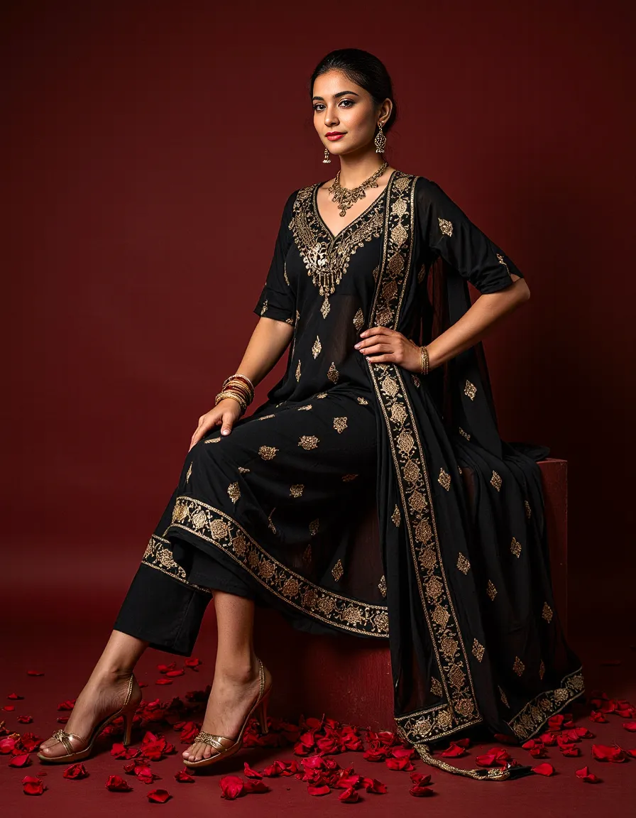 Luxurious black and gold traditional outfit with intricate embroidery against deep red backdrop, adorned with gold jewelry and rose petals
