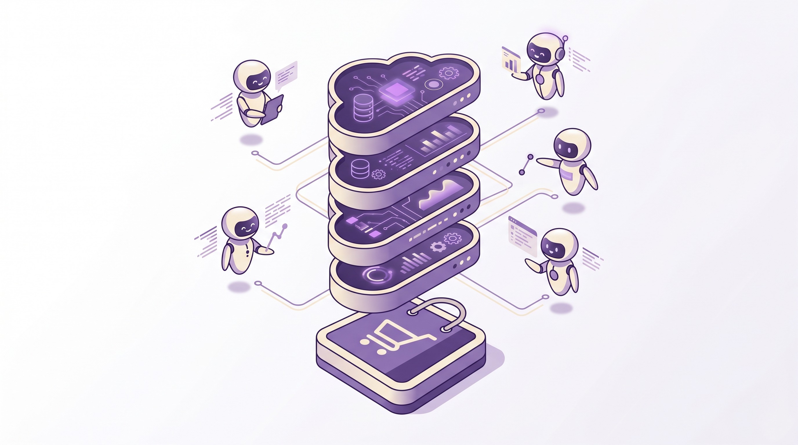 Illustration of the four Shopify MCP servers — Dev MCP, Storefront MCP, Catalog MCP, and Customer Accounts MCP — with data flowing to AI agents and merchant stores