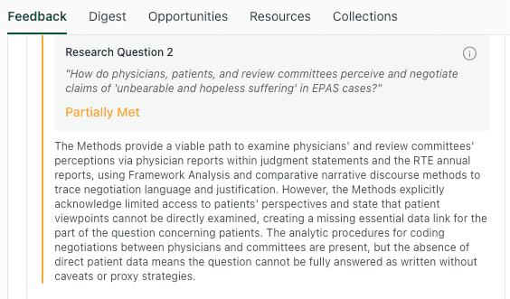 thesify feedback noting that a research question is only partially answerable because the methods cannot directly examine all of the perspectives named in the question