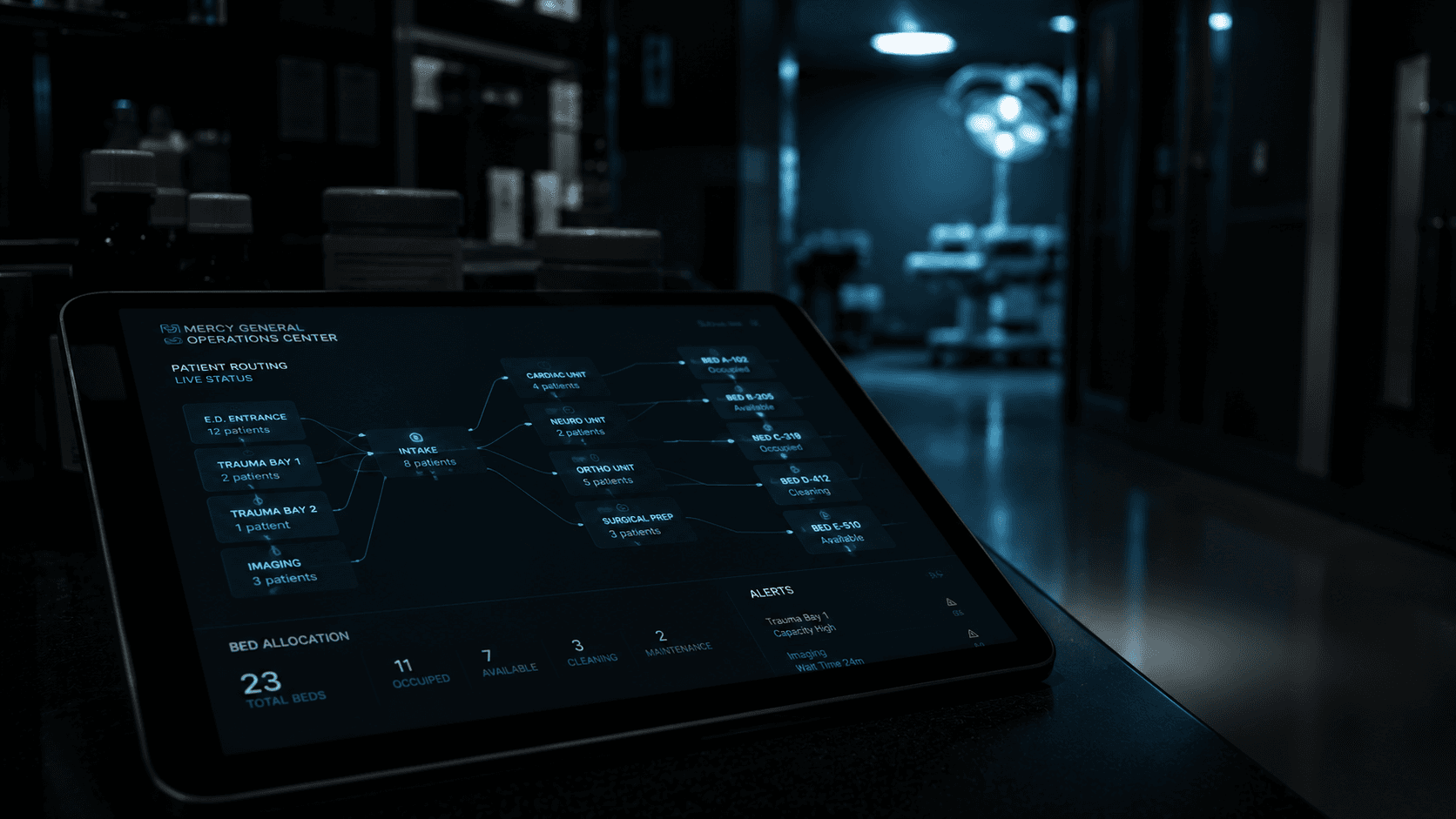 A tech monitoring screen showing connecting nodes with a hospital ICU at the background. 