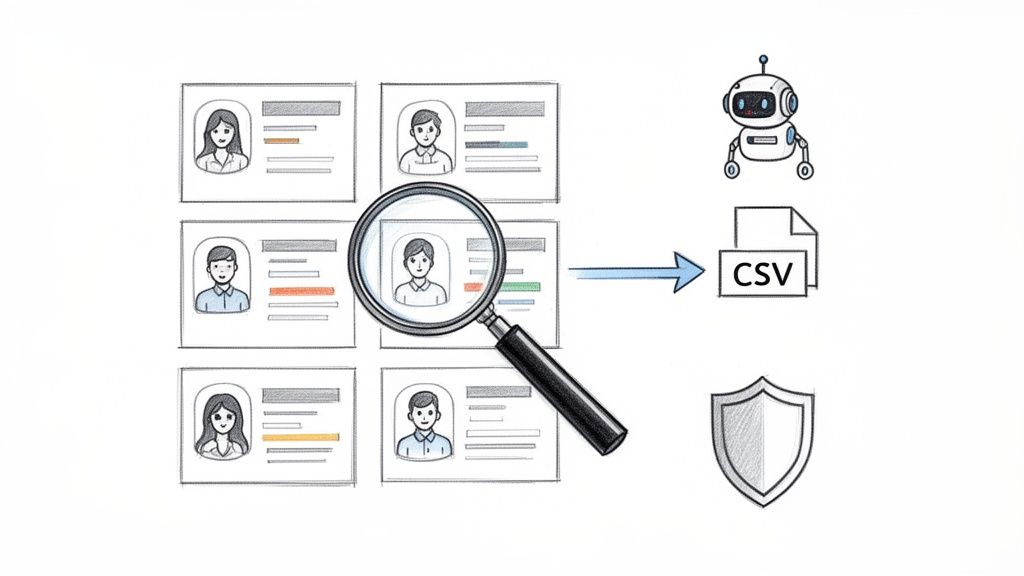 An illustration shows a robot extracting profile data from multiple cards, magnified, into a CSV file with a shield.