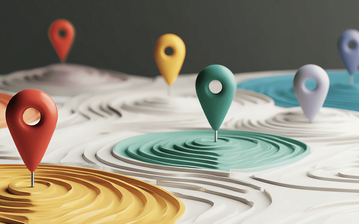 Colorful location pins on topographic map showing shifts in Amazon buyer behavior and customer targeting after Q4 holiday season