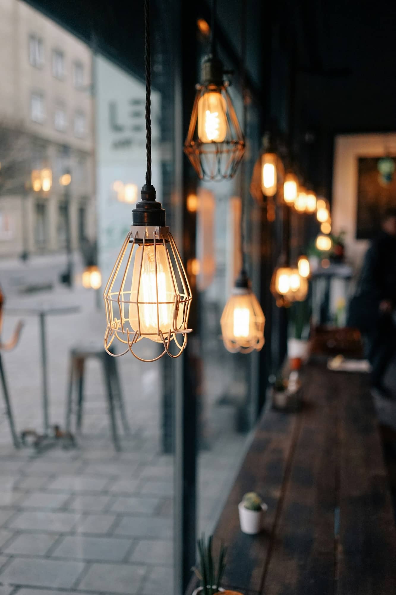 burning vintage lamps in a cafe