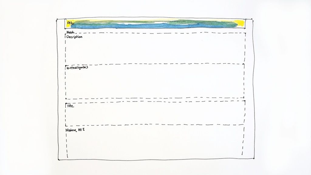 An illustration showing a website page with various on-page SEO elements like title, headings, and content being optimized.