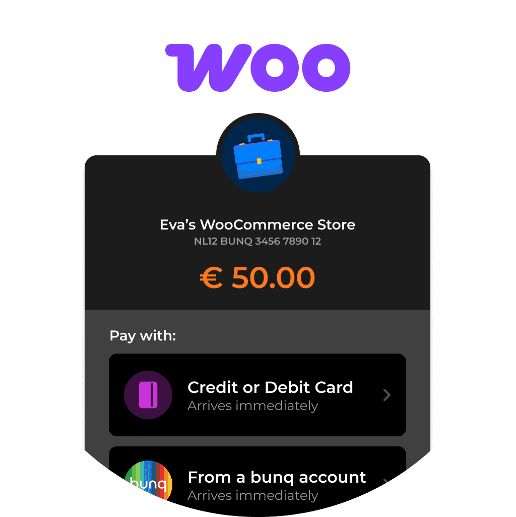 Circular graphic featuring the word "Woo" and a payment interface displaying €10. Options to pay via credit card shown.