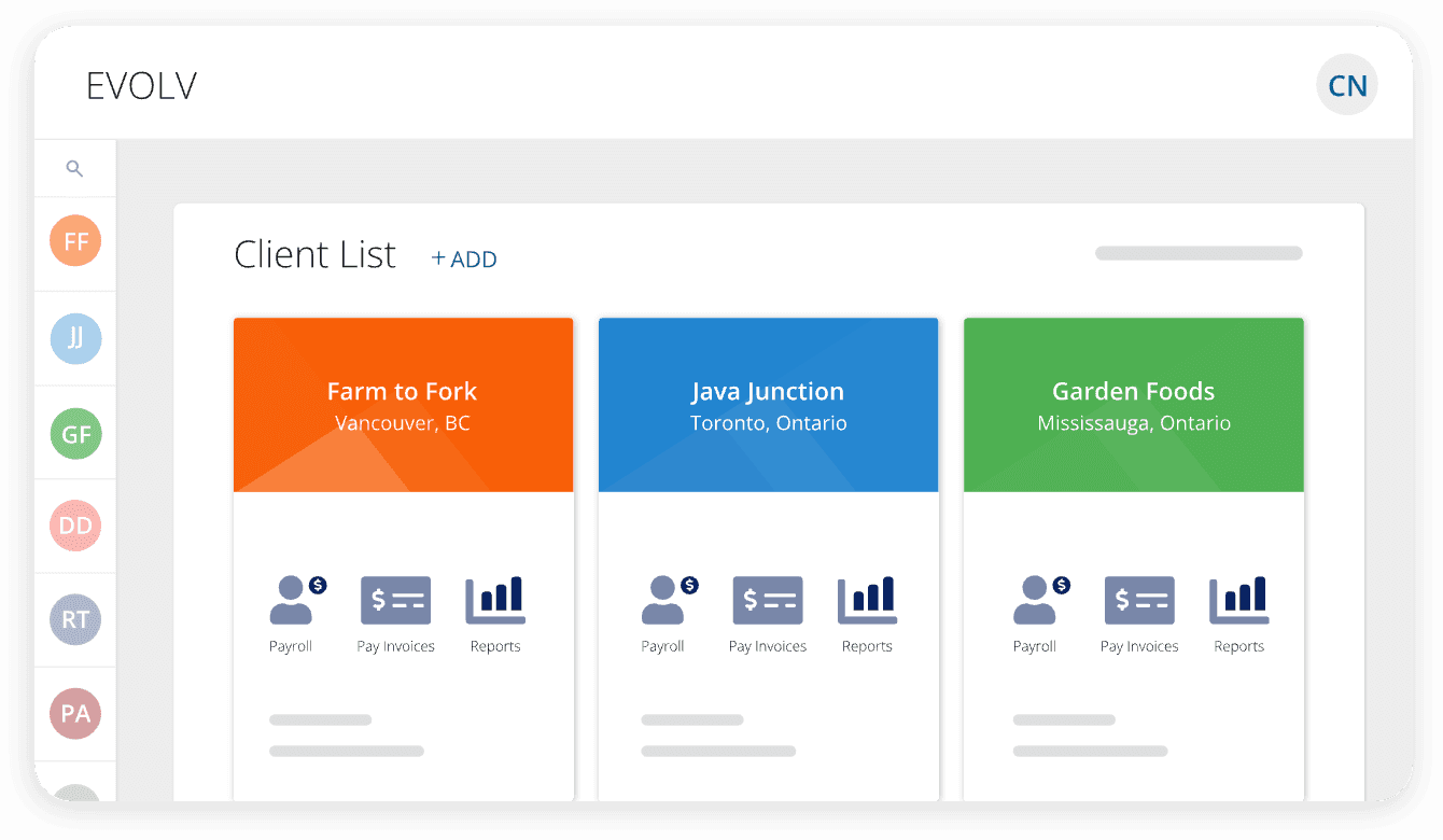 Evolv client dashboard displaying three active client accounts with color-coded cards for Farm to Fork in Vancouver, Java Junction in Toronto, and Garden Foods in Mississauga