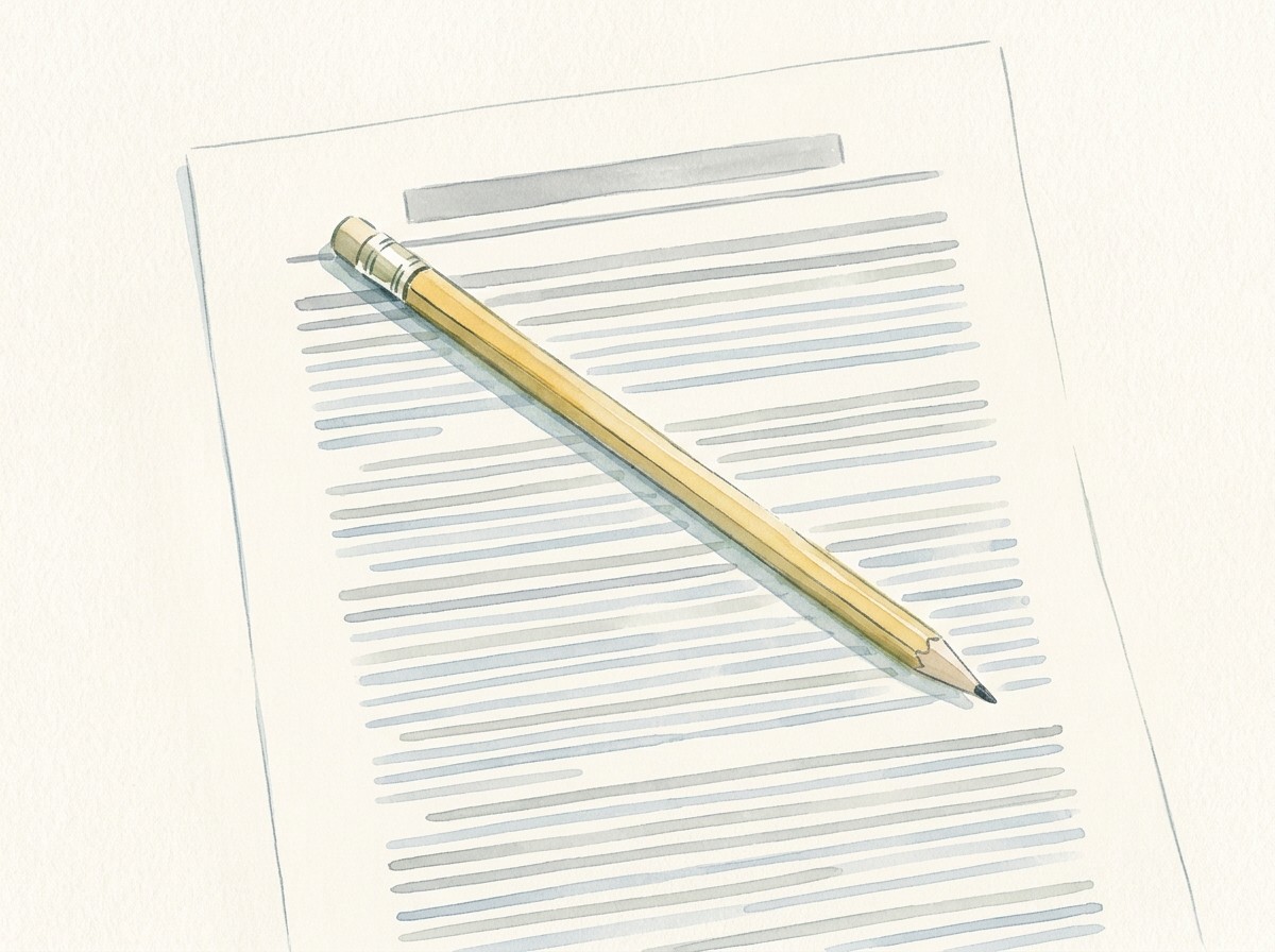 Watercolour of a sharpened pencil lying across a ruled draft notice.