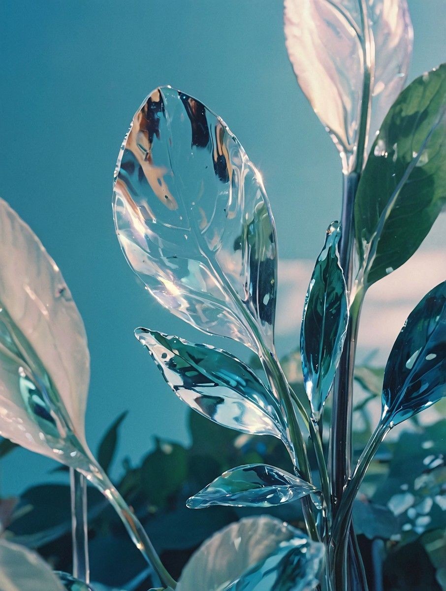 A close-up of several shiny, metallic leaves reflecting sunlight against a clear blue sky, creating a surreal and artistic nature scene.