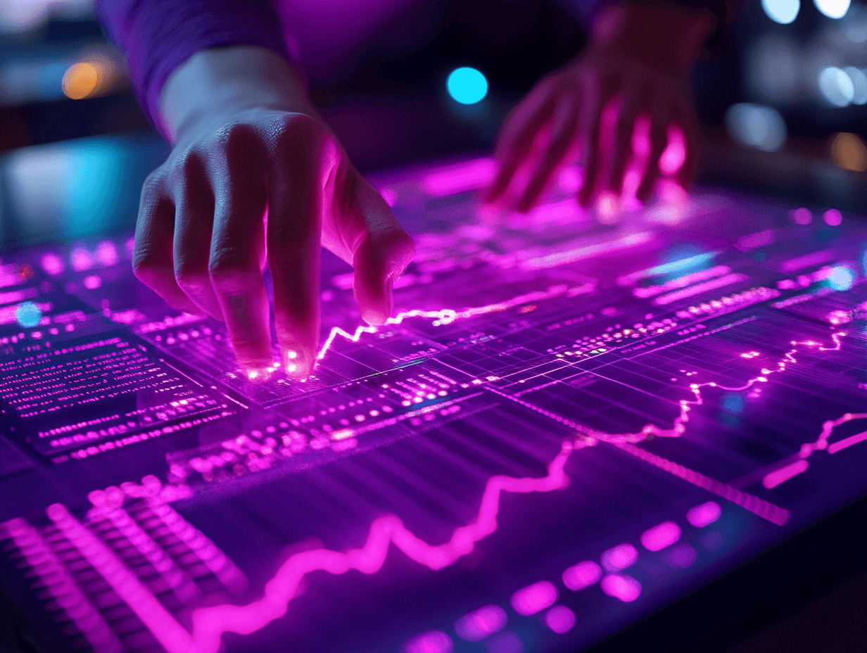 Hände steuern eine digitale Anzeigetafel für KI-basierte Bedarfsprognosen