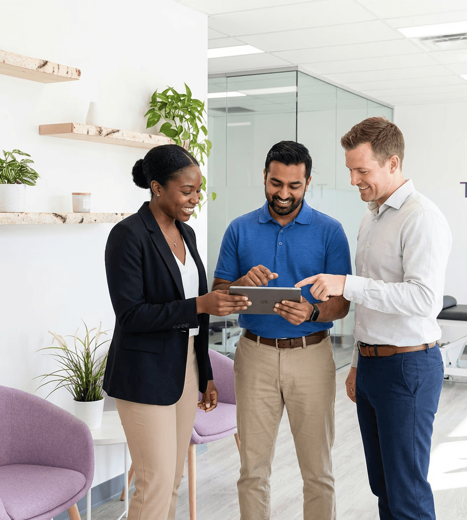 Karriere in der Physiotherapie: Drei Fachkräfte besprechen Bewerbungsunterlagen auf einem Tablet