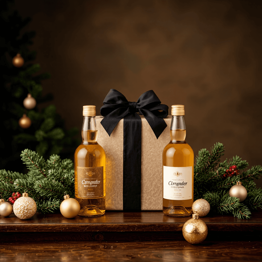 product photography of a box of wrapped gift with two bottles of beverage