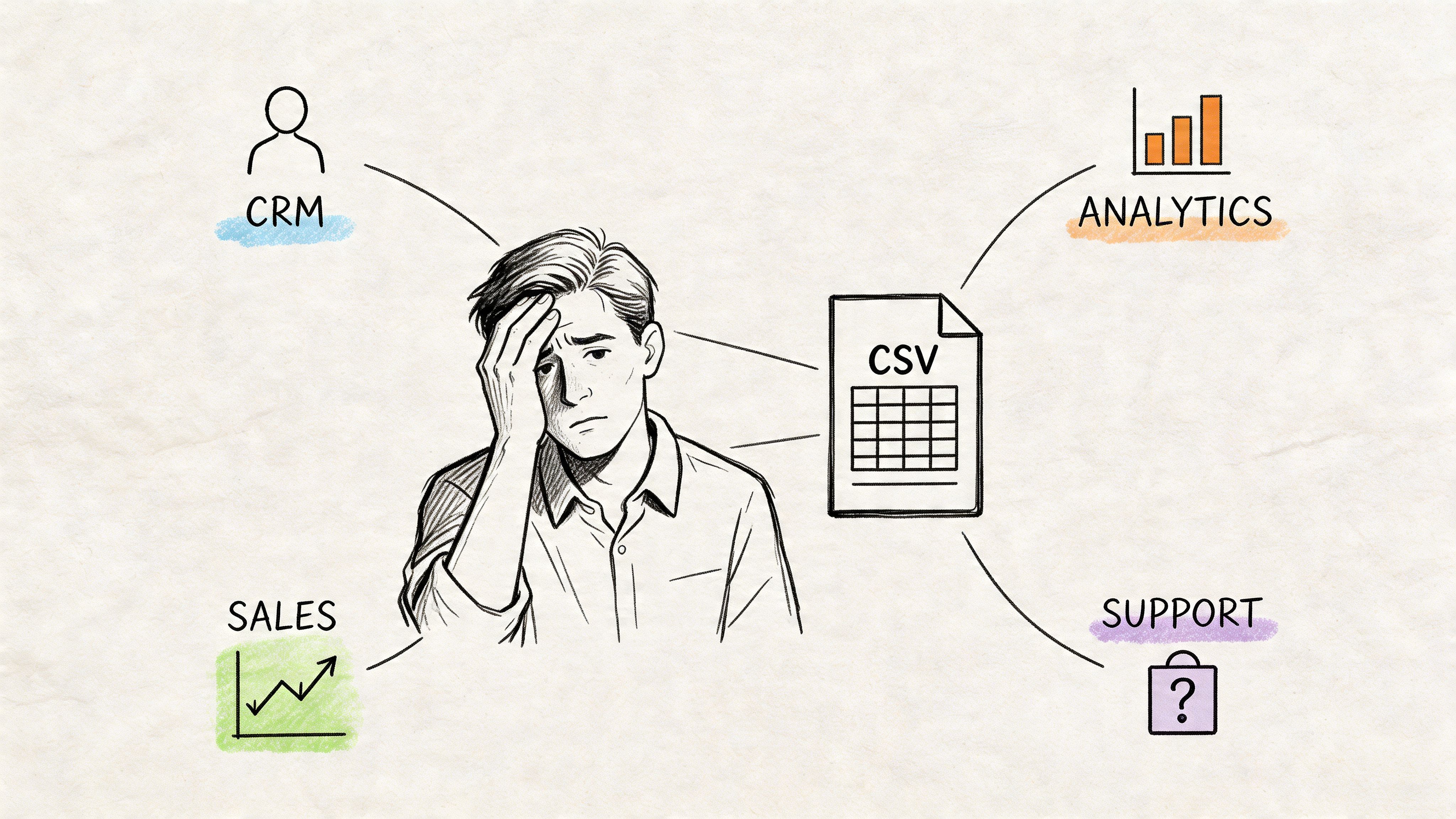 A frustrated man looking at a CSV file icon surrounded by CRM, analytics, sales, and support icons.