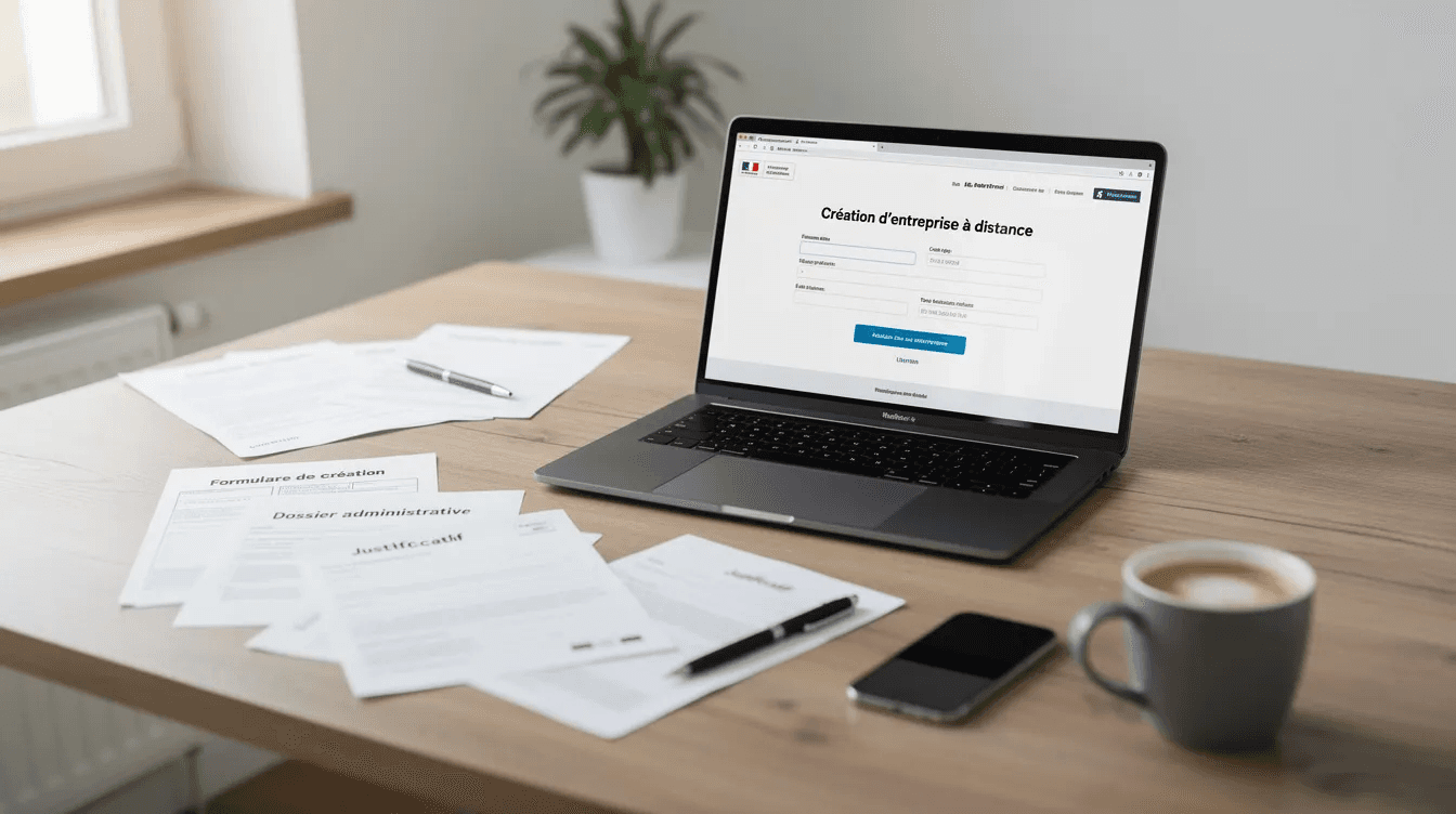 L'image montre un ordinateur portable ouvert sur un bureau, entouré de documents administratifs liés à la création d'une société en Irlande. Ces documents peuvent inclure des informations sur la mise à jour des enregistrements auprès du Companies Registration Office et les exigences fiscales pour les entrepreneurs souhaitant établir une entreprise dans le pays.
