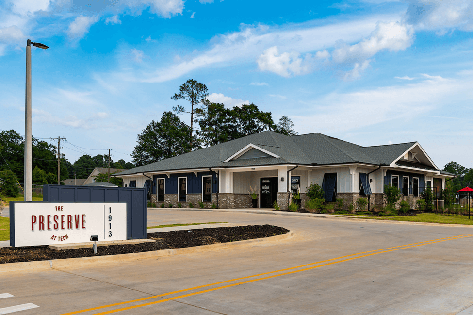 Entrance and leasing building at The Preserve at Tech.
