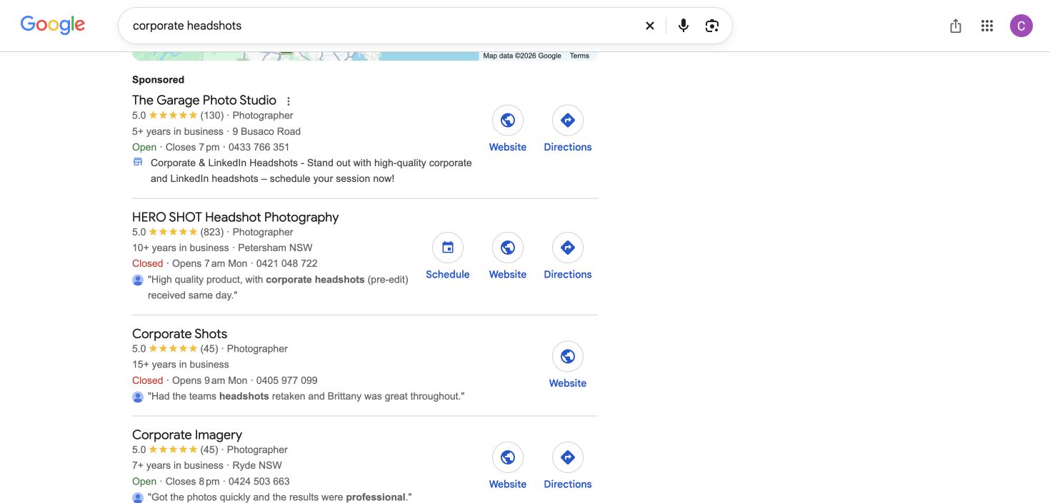 Original Google capture: corporate headshots. Hero Shot. First unpaid local listing. Sydney, NSW, 18 October 2026.