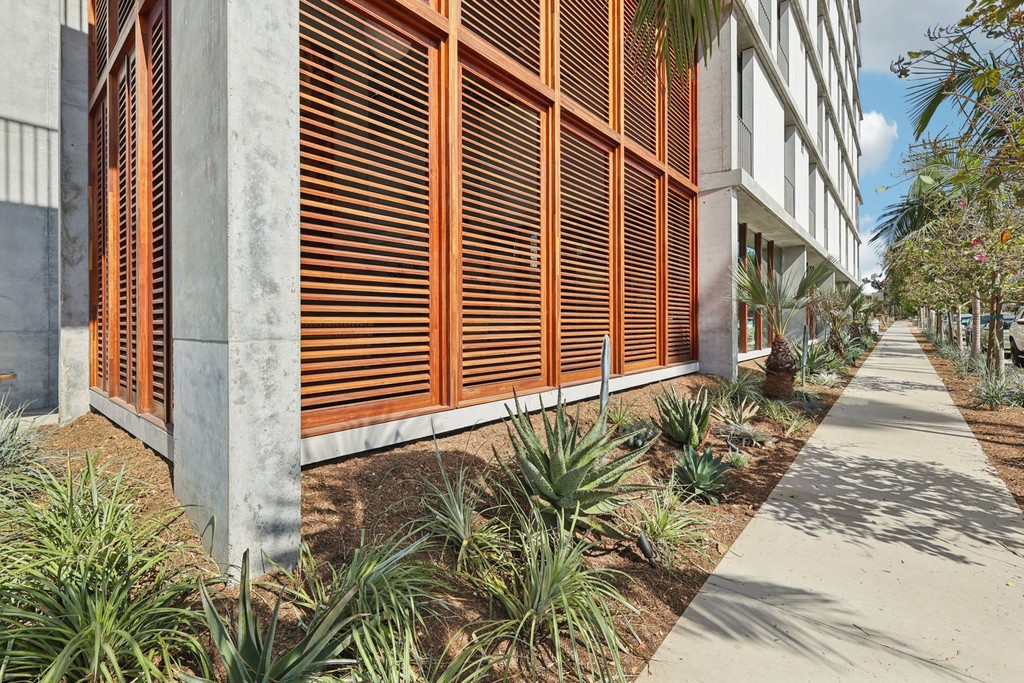Side view of a modern building with wooden slatted panels, surrounded by desert plants like agave. A sunny sidewalk lined with palm trees adds a tropical feel