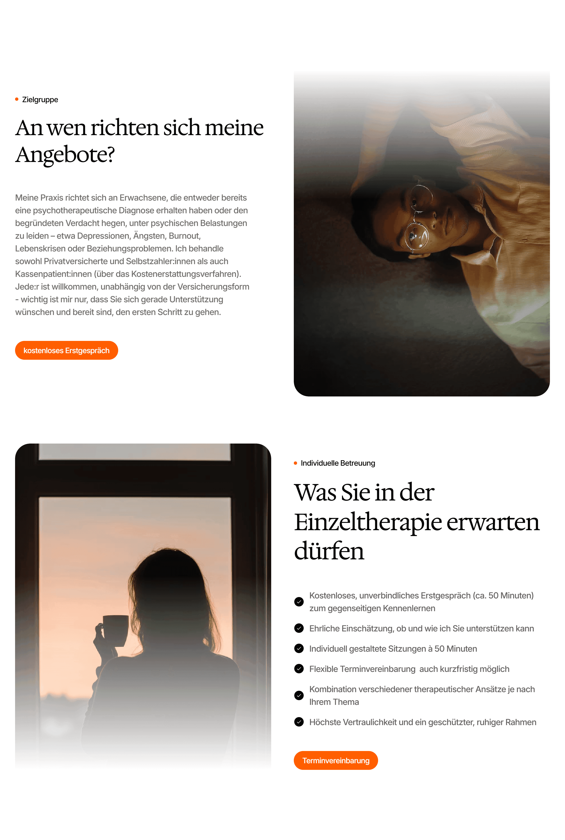 Teil 4: Die Homepage-Sektionen - Aufbau für Therapeuten  Empfohlene Struktur:  Hero-Section  "Meine therapeutischen Schwerpunkte"  "Für wen sind meine Angebote?"  "Was Sie erwarten können"  "Über mich"  "Meine Praxis" (optional: Fotos der Räume)  Testimonials / Google-Bewertungen (vorsichtig)  FAQ  Kontakt  Footer  4.1 "Meine therapeutischen Schwerpunkte"  Ziel: Besucher sofort zeigen, ob du der richtige Ansprechpartner bist.  Struktur:  Liste 4-8 Hauptleistungen als Karten:  [Icon/Bild] INDIVIDUELLE PSYCHOTHERAPIE "Unterstützung bei Depressionen, Ängsten, Lebenskrisen und persönlichen Belastungen." [Button: Mehr erfahren] → Link zur Unterseite  [Icon/Bild] PAARTHERAPIE "Hilfe bei Konflikten, Kommunikationsproblemen und dem Wunsch nach mehr Nähe." [Button: Mehr erfahren]  [Icon/Bild] KRISENINTERVENTION "Schnelle Unterstützung in akuten Belastungssituationen." [Button: Mehr erfahren]  ... etc.  Wichtig:  Nicht werbend ("Beste Therapie"), sondern informativ ("Unterstützung bei...")  Kurz und klar (2-3 Sätze pro Karte)  Icons/Bilder: Abstrakt, beruhigend (keine Stock-Fotos von "glücklichen Menschen")  4.2 "Für wen sind meine Angebote?"  Ziel: Zielgruppe direkt ansprechen, ohne zu werben.  Struktur:  Überschrift: "An wen richten sich meine Angebote?"  Text:  "Meine Praxis richtet sich an Erwachsene, die entweder bereits eine psychotherapeutische Diagnose erhalten haben oder den begründeten Verdacht hegen, unter psychischen Belastungen zu leiden - etwa Depressionen, Ängsten, Burnout, Lebenskrisen oder Beziehungsproblemen.  Ich behandle sowohl Privatversicherte und Selbstzahler:innen als auch Kassenpatient:innen (über das Kostenerstattungsverfahren). Jede:r ist willkommen - wichtig ist mir nur, dass Sie sich gerade Unterstützung wünschen und bereit sind, den ersten Schritt zu gehen."  Warum diese Formulierung gut ist:  Klar und spezifisch ("Erwachsene", "Depressionen, Ängste...")  Nicht werbend  Einladend ("Jede:r ist willkommen")  Setzt klare Erwartung ("bereit sind, den ersten Schritt zu gehen")  Alternative: Liste mit Situationen (emotionaler):  Meine Angebote sind für Sie, wenn Sie:  Sich über längere Zeit niedergeschlagen, antriebslos oder leer fühlen  Unter Ängsten leiden, die Ihren Alltag einschränken  Eine Lebenskrise durchleben (Trennung, Verlust, berufliche Veränderung)  Sich in Ihrer Partnerschaft festgefahren fühlen  Nach einem Trauma Unterstützung suchen  4.3 "Was Sie erwarten können"  Ziel: Transparenz schaffen, Unsicherheit nehmen.  Struktur:  Überschrift: "Was Sie in der Therapie erwarten dürfen"  Inhalt (als Liste oder Karten):  ✓ Kostenloses, unverbindliches Erstgespräch (ca. 50 Minuten) zum gegenseitigen Kennenlernen  ✓ Ehrliche Einschätzung, ob und wie ich Sie unterstützen kann  ✓ Individuell gestaltete Sitzungen à 50 Minuten, angepasst an Ihre Bedürfnisse  ✓ Flexible Terminvereinbarung - auch kurzfristig möglich  ✓ Kombination verschiedener therapeutischer Ansätze je nach Ihrem Thema (z.B. Verhaltenstherapie, tiefenpsychologische Elemente, Achtsamkeit)  ✓ Höchste Vertraulichkeit und ein geschützter, ruhiger Rahmen  Warum wichtig:  Nimmt Unsicherheit ("Was kommt auf mich zu?")  Zeigt Professionalität  Betont Vertraulichkeit (entscheidend!)  4.4 "Über mich"      Warum bei Therapeuten besonders wichtig:  Therapeutische Beziehung ist Wirkfaktor #1  Menschen wollen wissen: "Passt diese Person zu mir?"  Authentizität schafft Vertrauen  Struktur:  Überschrift: "Über mich - Mein Weg zur Psychotherapie"  Inhalt:  1. Persönlicher Einstieg (2-3 Absätze):  "Mein Weg zur Psychotherapie begann [persönliche Geschichte - z.B. eigene Erfahrung, Motivation]. Was mich antreibt, ist [was dich motiviert - z.B. Menschen in schwierigen Phasen zu begleiten, Heilung ermöglichen, etc.].  Nach meinem Studium der Psychologie und der Ausbildung zum [Psychologischen Psychotherapeuten / Ärztlichen Psychotherapeuten] arbeitete ich zunächst in [Klinik/andere Praxis] und gründete [Jahr] meine eigene Praxis. Seitdem begleite ich Menschen mit [Schwerpunkte]."  2. Foto von dir  Professionell, freundlich, zugänglich  3. Qualifikationen & Ausbildungen  Ausbildung & Qualifikationen:  Approbation als Psychologischer Psychotherapeut  Verhaltenstherapie (Schwerpunkt)  Zusatzausbildung EMDR (Traumatherapie)  Weiterbildung Paartherapie  Mitglied der Psychotherapeutenkammer [Bundesland]  4. Arbeitsweise & Werte  Wie ich arbeite:  Auf Augenhöhe: Sie sind der Experte für Ihr Leben, ich begleite Sie  Wertschätzend und empathisch: Ein sicherer Rahmen ist mir wichtig  Methodenflexibel: Ich passe meinen Ansatz an Ihre Bedürfnisse an  Lösungsorientiert: Wir arbeiten an konkreten Veränderungen  5. CTA  "Vereinbaren Sie ein kostenloses Erstgespräch - wir finden gemeinsam heraus, ob ich Sie unterstützen kann."  4.5 "Meine Praxis" (optional, aber empfohlen)      Warum wichtig:  Menschen wollen wissen, wo sie hingehen  Schöne Räume = professioneller Eindruck  Nimmt Unsicherheit  Struktur:  Überschrift: "Meine Praxis - Ein Ort zum Wohlfühlen"  Inhalt:  4-8 Fotos der Praxis  Wartebereich  Therapieraum  Eingang  Optional: Dich in der Praxis  Text (optional):  "Meine Praxis befindet sich in [Stadtteil], gut erreichbar mit [ÖPNV/Parkplätze]. Die Räume sind hell, ruhig und so gestaltet, dass Sie sich wohlfühlen können. Ich lege Wert auf eine angenehme Atmosphäre, in der Offenheit und Vertrauen entstehen können."  4.6 Testimonials / Google-Bewertungen (vorsichtig!)  Rechtslage: Wie besprochen, heikel (HWG).  Empfehlung:  Kassenpraxen: Verzichte lieber darauf.  Selbstzahler-Praxen: Vorsichtige Nutzung möglich.  Sichere Variante: Google-Bewertungen erwähnen (nicht direkt einbetten)  ⭐⭐⭐⭐⭐ 4,8 von 5 Sternen Basierend auf über 80 Google-Bewertungen  [Button: Bewertungen auf Google ansehen] → Link zu Google Business Profile  Warum sicher?  Keine direkte Einbettung (DSGVO-Problem vermieden)  Nur Erwähnung der Gesamtbewertung  Keine selektiven Zitate (HWG-Risiko vermieden)  Wenn du Testimonials nutzen willst:  Struktur:  "Die Therapie hat mir geholfen, meine Ängste besser zu verstehen und mit ihnen umzugehen. Ich fühle mich heute deutlich stabiler." – Julia M., 34  Wichtig:  Keine Heilversprechen ("wurde geheilt", "bin gesund")  Fokus auf Prozess, nicht Ergebnis  Authentisch (echter Name mit Einwilligung)  Maximal 2-3 Testimonials (nicht übertreiben)  Hier ist ein Artikel, in dem erklärt wird, wie du automatisch nach Google Bewertungen fragen kannst.  4.7 FAQ - Die wichtigsten Fragen vorab klären  Warum so wichtig:  Reduziert Telefonate und E-Mails  Nimmt Unsicherheit  Zeigt Transparenz  Empfohlene FAQs (10-15 Fragen):  ALLGEMEINES  ❓ Wie läuft ein Erstgespräch ab?   💡 Das Erstgespräch dient dem gegenseitigen Kennenlernen. Sie erzählen von Ihrem Anliegen, ich stelle Fragen zum besseren Verständnis. Gemeinsam klären wir, ob eine Therapie sinnvoll ist und ob die Chemie zwischen uns stimmt. Das Gespräch dauert ca. 20 Minuten und ist unverbindlich.  ❓ Wie lange dauert eine Therapie?   💡 Das ist sehr individuell. Manche Themen klären sich in 10-20 Sitzungen, andere benötigen länger. Wir besprechen regelmäßig den Fortschritt und passen die Dauer an Ihre Bedürfnisse an.  ❓ Wie oft finden die Sitzungen statt?   💡 In der Regel einmal wöchentlich. Bei Bedarf auch alle zwei Wochen oder in akuten Phasen häufiger.  KOSTEN  ❓ Was kostet eine Sitzung?   💡 [Kassenpraxis:] Die Kosten werden von Ihrer Krankenkasse übernommen. [Selbstzahler:] Eine Sitzung (50 Min.) kostet [Betrag, z.B. 100€]. Privat Versicherte: Die Kosten werden meist vollständig erstattet.  ❓ Übernimmt die Krankenkasse die Kosten?   💡 [Kassenpraxis:] Ja, bei gesetzlich Versicherten mit Überweisung. [Selbstzahler:] Bei Privatversicherten meist ja. Bei gesetzlich Versicherten: Kostenerstattungsverfahren möglich (ich unterstütze dabei).  ABLAUF  ❓ Muss ich mich langfristig verpflichten?   💡 Nein. Nach dem Erstgespräch entscheiden Sie, ob Sie weitermachen möchten. Auch während der Therapie können Sie jederzeit aufhören.  ❓ Kann ich Termine absagen?   💡 Ja, bitte bis 24 Stunden vorher. Kurzfristigere Absagen müssen leider in Rechnung gestellt werden.  METHODEN  ❓ Mit welchen Methoden arbeiten Sie?   💡 Ich arbeite hauptsächlich verhaltenstherapeutisch, integriere aber je nach Bedarf auch [weitere Methoden, z.B. tiefenpsychologische Elemente, EMDR, Achtsamkeitsübungen].  ONLINE-THERAPIE  ❓ Bieten Sie auch Online-Therapie an?   💡 [Falls ja:] Ja, via Videogespräch (Zoom/andere sichere Plattform). Die Wirksamkeit ist vergleichbar mit Präsenz-Therapie. [Falls nein:] Aktuell nur Präsenz-Therapie.  DATENSCHUTZ  ❓ Wie wird meine Vertraulichkeit gewährleistet?   💡 Ich unterliege der therapeutischen Schweigepflicht. Ihre Daten werden verschlüsselt und sicher aufbewahrt. Ohne Ihre explizite Einwilligung gebe ich keine Informationen weiter.  4.8 Kontakt - Einfach und sicher      Ziel: Niedrigschwellige Kontaktaufnahme ermöglichen.  Struktur:  Überschrift: "Kontakt - Ich freue mich auf Ihre Nachricht"  Kontaktmöglichkeiten:  1. Telefon:  📞 [Telefonnummer] Telefonzeiten: [Mo-Fr 9-12 Uhr] oder AB  2. E-Mail:  ✉️ [E-Mail-Adresse]  3. Kontaktformular (optional, DSGVO beachten!):  Felder (minimal halten!):  Name  E-Mail  Telefon (optional)  Versicherungsart (Dropdown: Gesetzlich / Privat / Selbstzahler)  Nachricht  Wichtig:  Keine sensiblen Daten erfragen (Diagnosen, Symptome)  HTTPS-Verschlüsselung (Pflicht)  Datenschutz-Checkbox:  "Ich habe die Datenschutzerklärung zur Kenntnis genommen. Ich stimme zu, dass meine Angaben zur Beantwortung meiner Anfrage elektronisch erhoben und gespeichert werden. Hinweis: Sie können die Einwilligung jederzeit unter [E-Mail] widerrufen."  Hinweis unter Formular:  "Bitte teilen Sie in der Nachricht keine sensiblen Gesundheitsinformationen mit. Details besprechen wir im persönlichen Gespräch."  4. Anfahrt (Google Maps mit Schutzscreen):  [Schutzscreen] "Google Maps-Karte laden... Durch Klicken laden Sie Google Maps und stimmen  der Datenübertragung zu. [Datenschutzerklärung]"  [Nach Klick: Google Maps Karte]  5. Anfahrtsbeschreibung (Text):  Anfahrt: [Adresse]  ÖPNV: U-Bahn [Linie], Haltestelle [Name], 3 Min. Fußweg Auto: Parkplätze in [Straße]  4.9 Footer