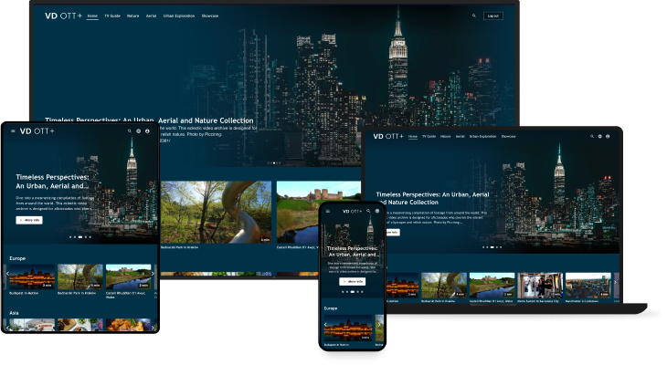 A decorative image showcasing the responsive Videodock OTT website displayed on various devices including a TV, phone, laptop, and tablet.
