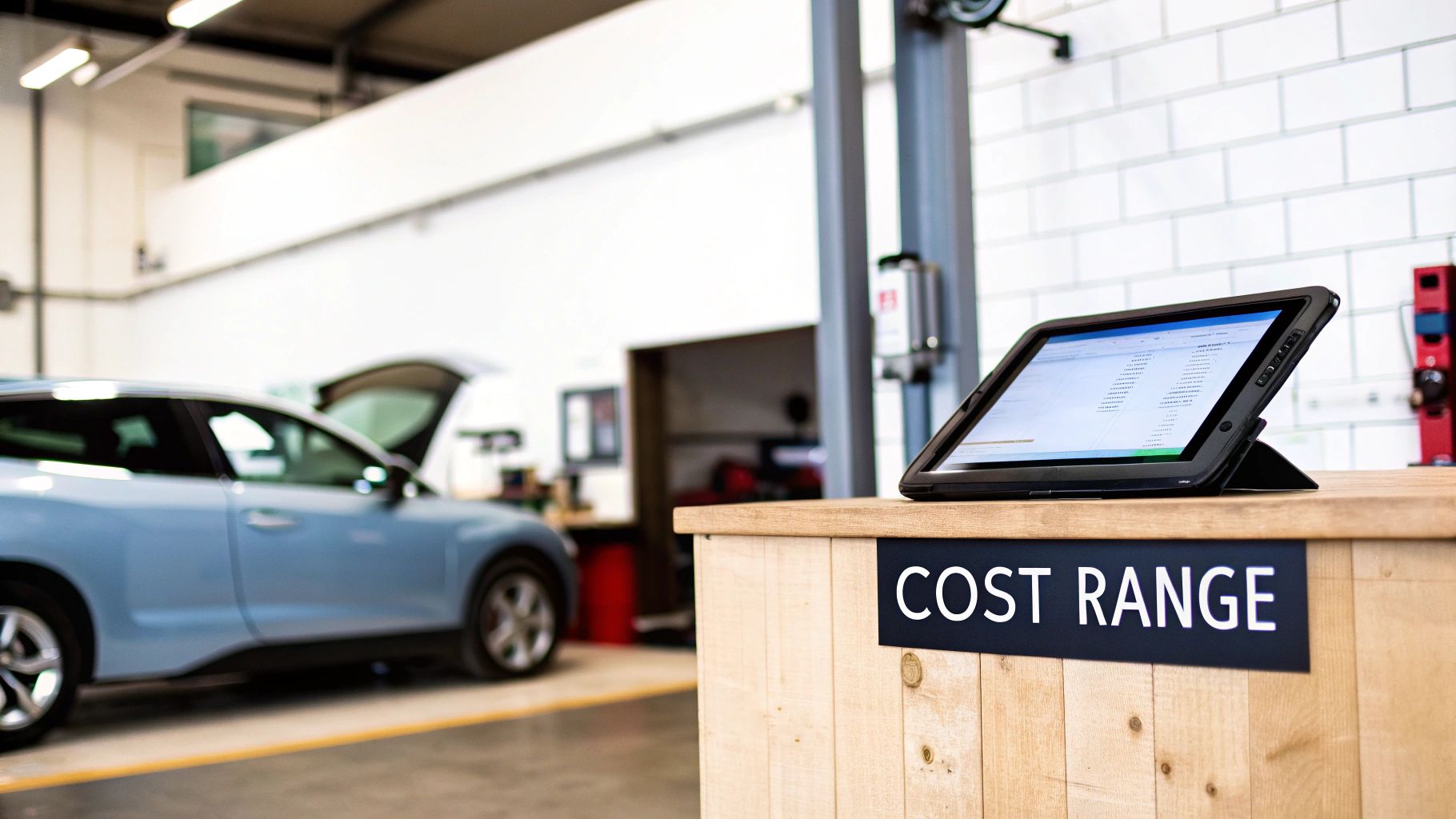 Auto repair shop with digital tablet displaying cost range information for windshield replacement services