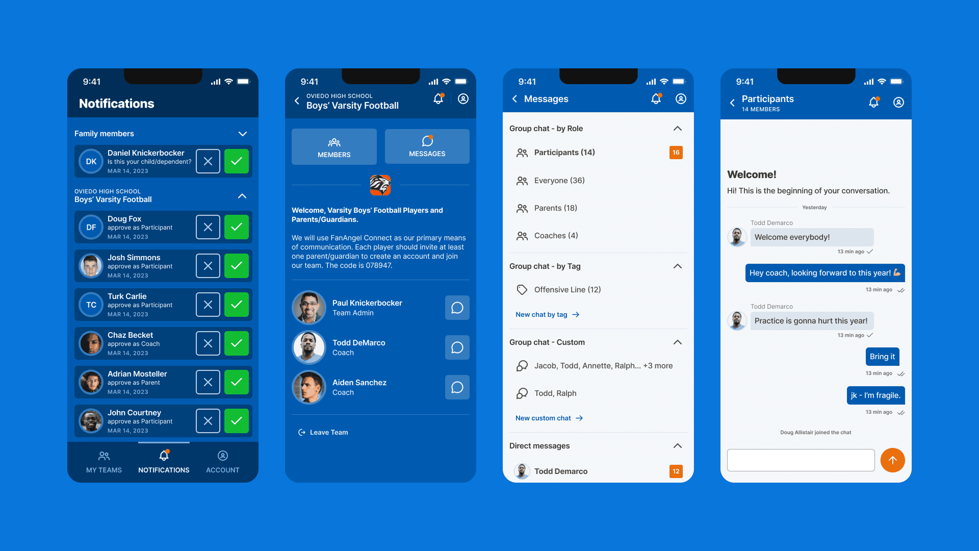 Alongside the fundraising work, I designed a 0→1 native mobile app for team communication. The core need was safety: coaches often communicate with players who are minors, and existing tools like group texts offered no oversight. I designed both the end-user experience for coaches and players, and a separate administrator role that allowed someone like an athletic director to search and monitor chats across multiple teams. Two very different users, one cohesive product.