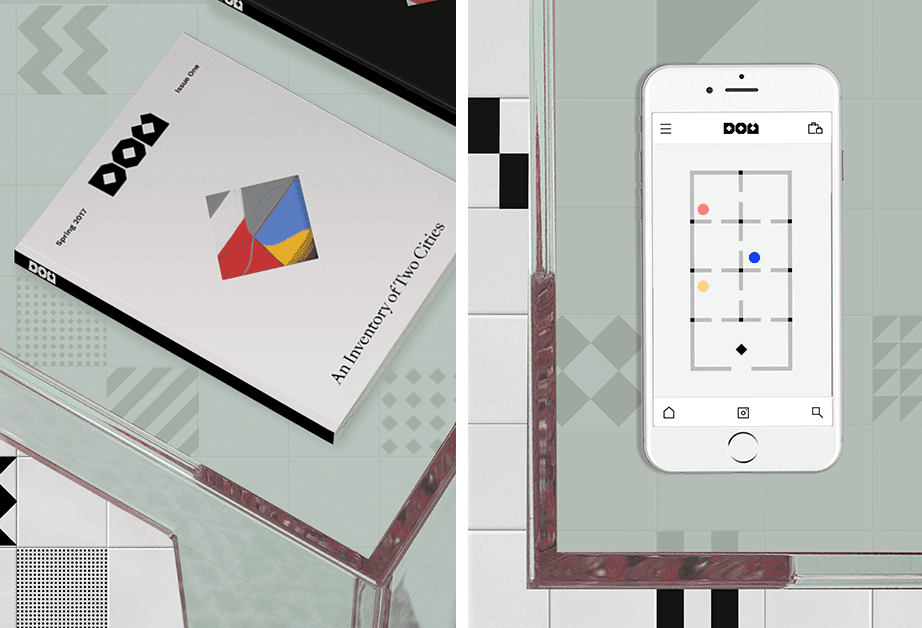 The image is split into two sections. On the left, there is a book titled "An Inventory of Two Cities" by Spring 2011, with a geometric design on its cover. On the right, there is a smartphone displaying a digital grid interface with colored dots and lines, resembling a game or app layout. The phone is positioned over a tiled floor with black and white geometric patterns.