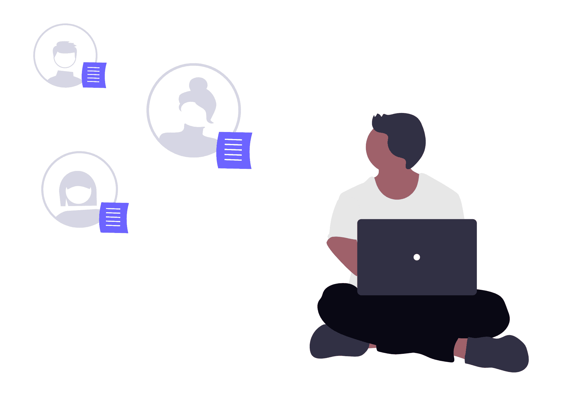 Illustration of a hiring manager reviewing candidate profiles and feedback on a laptop