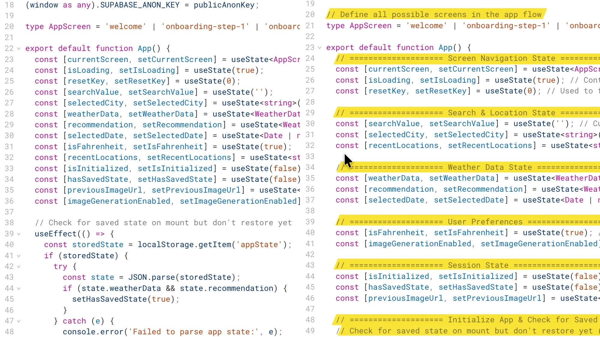 A split-screen comparison showing raw React code on the left versus organized, commented, and highlighted code on the right.