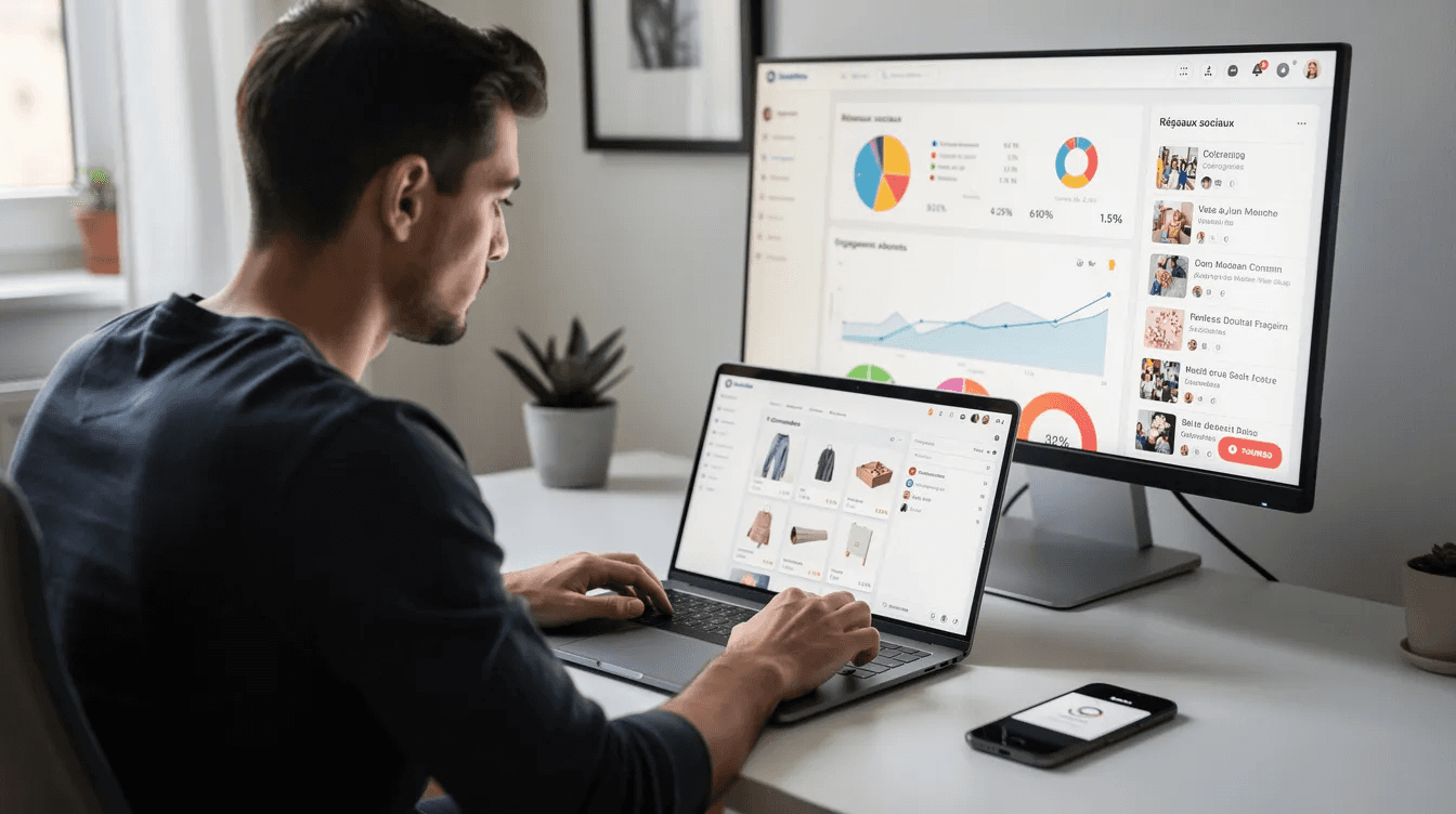 Une personne est assise devant son ordinateur, gérant une boutique e-commerce tout en consultant un tableau de bord des réseaux sociaux. Elle utilise des outils de gestion pour analyser les performances de ses publications sur des plateformes comme Instagram et Facebook, afin d'optimiser sa stratégie de communication.