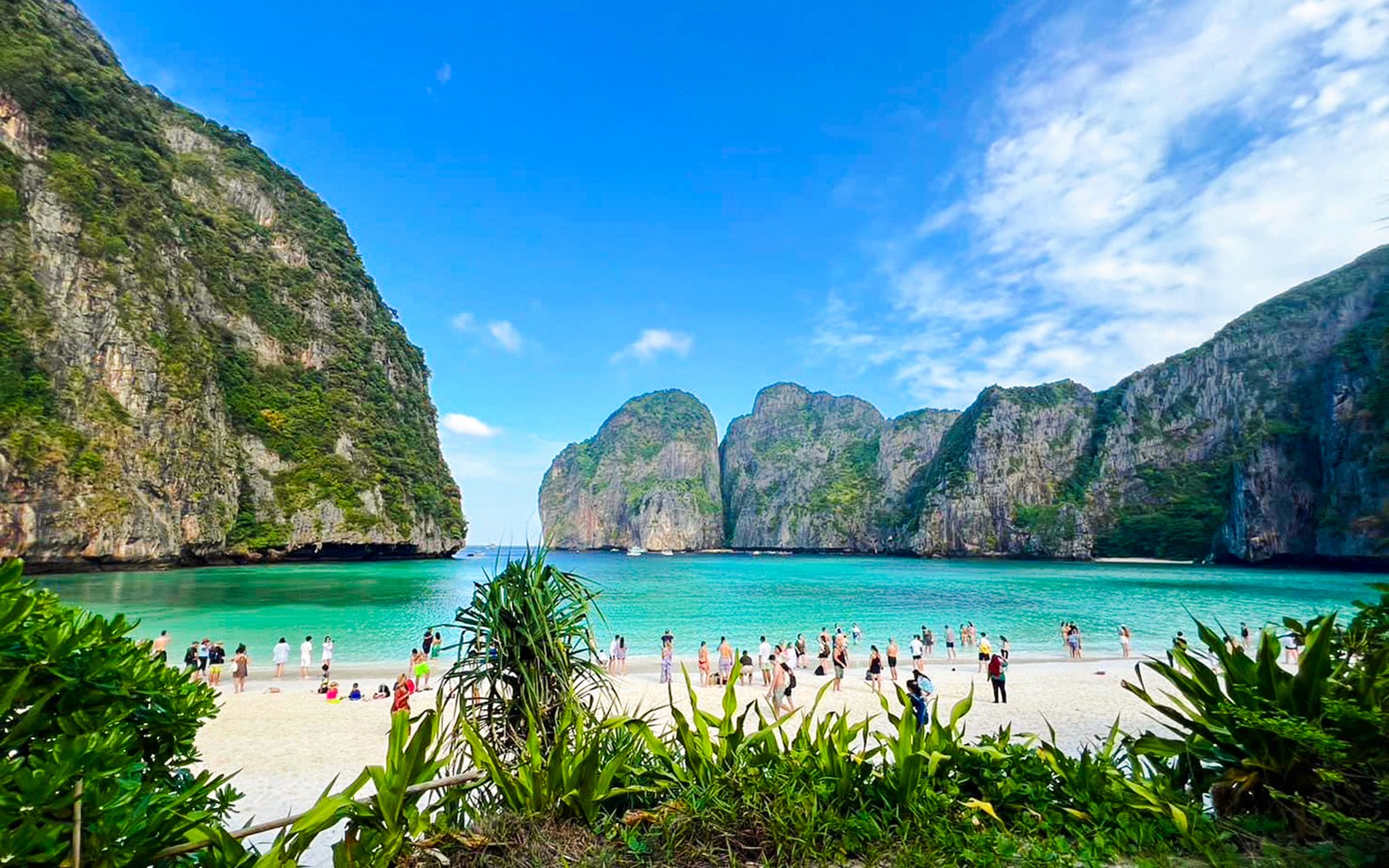 游客们在甲米玛雅湾享受海滩,其背景是石灰石悬崖。