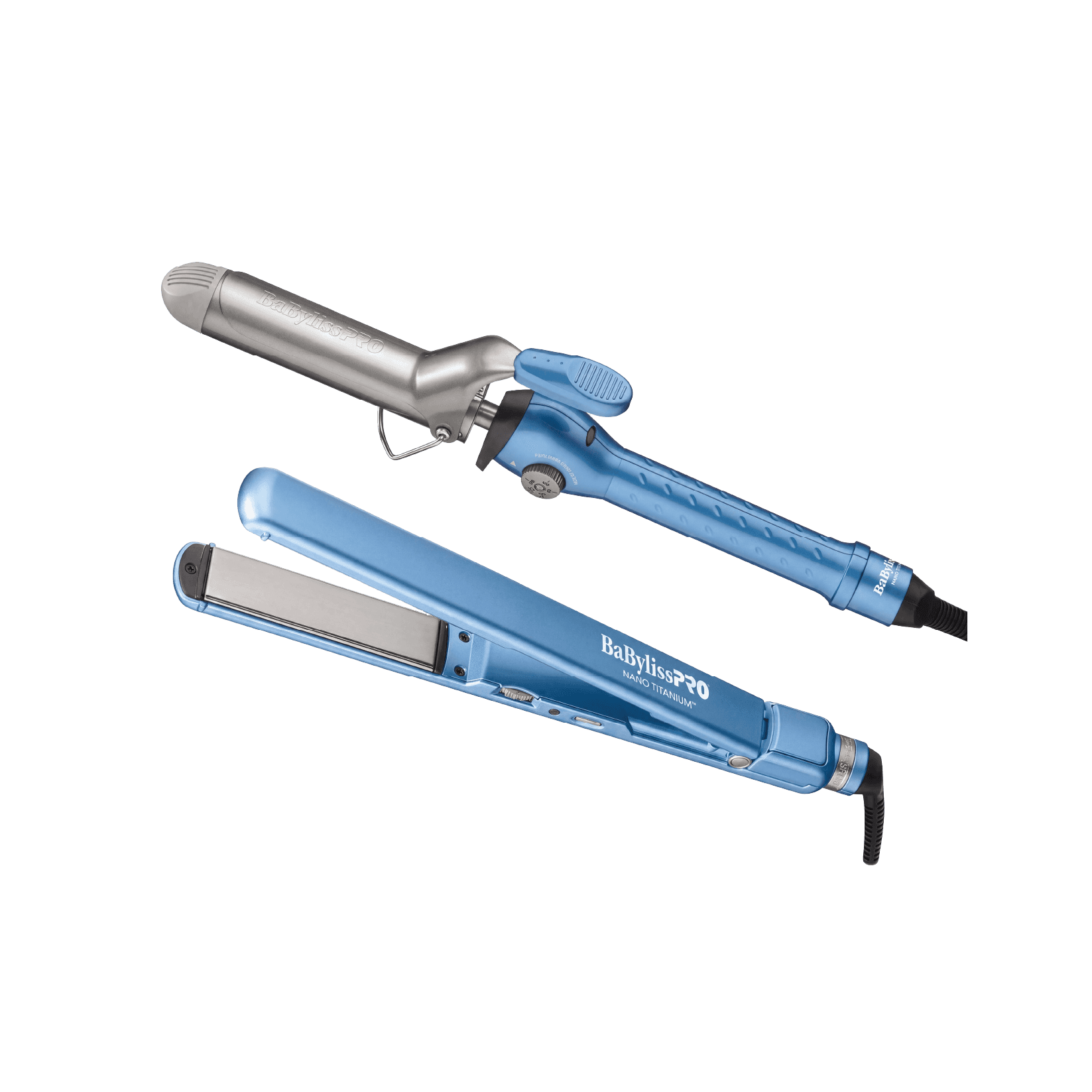 BaBylissPRO Nano Titanium blue curling iron and flat iron styling tools.