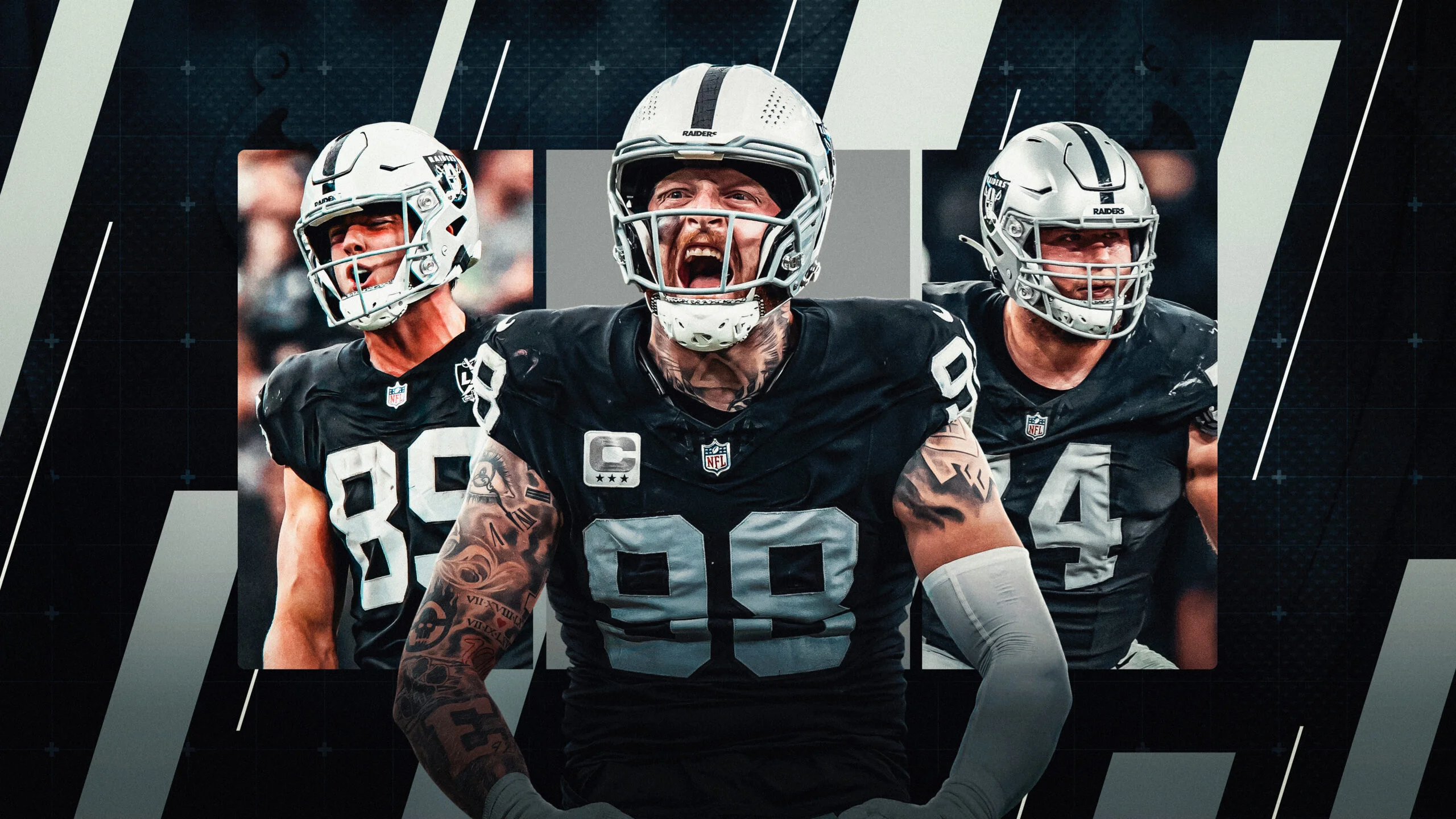 Graphic design image of three Raiders players in black uniforms. The center player wearing #99 yells with intensity, flanked by teammates #89 and #4, set against a dark, modern sports background.