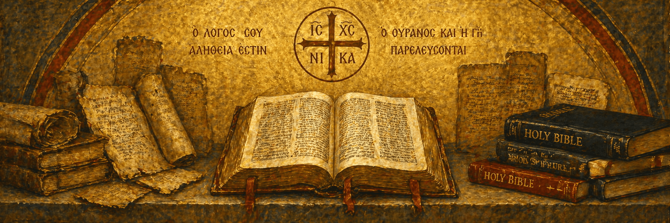 Is the Bible corrupted shown through an Orthodox style image of ancient manuscripts and an open Holy Bible with golden background