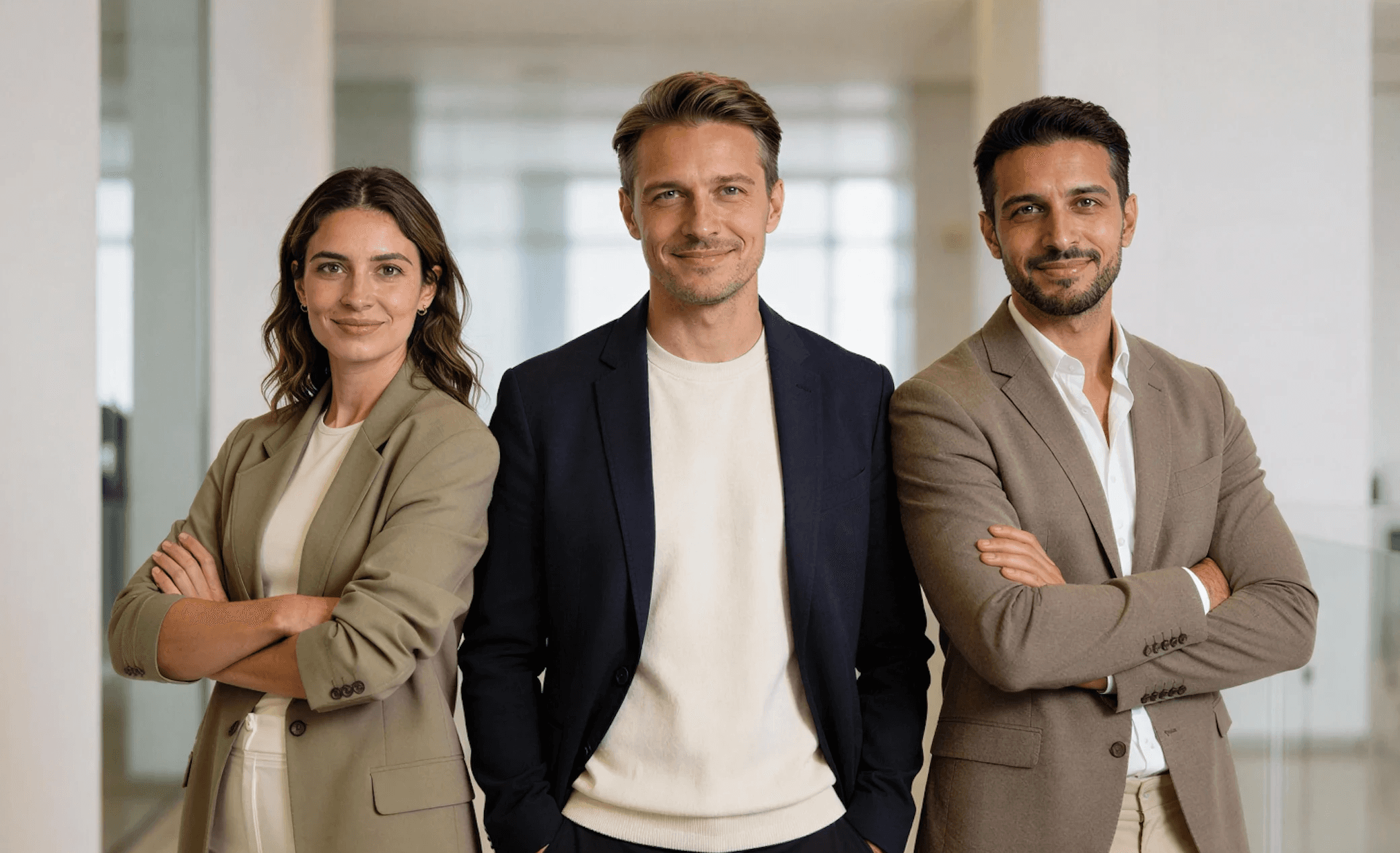 Three professionals posing together in an office.