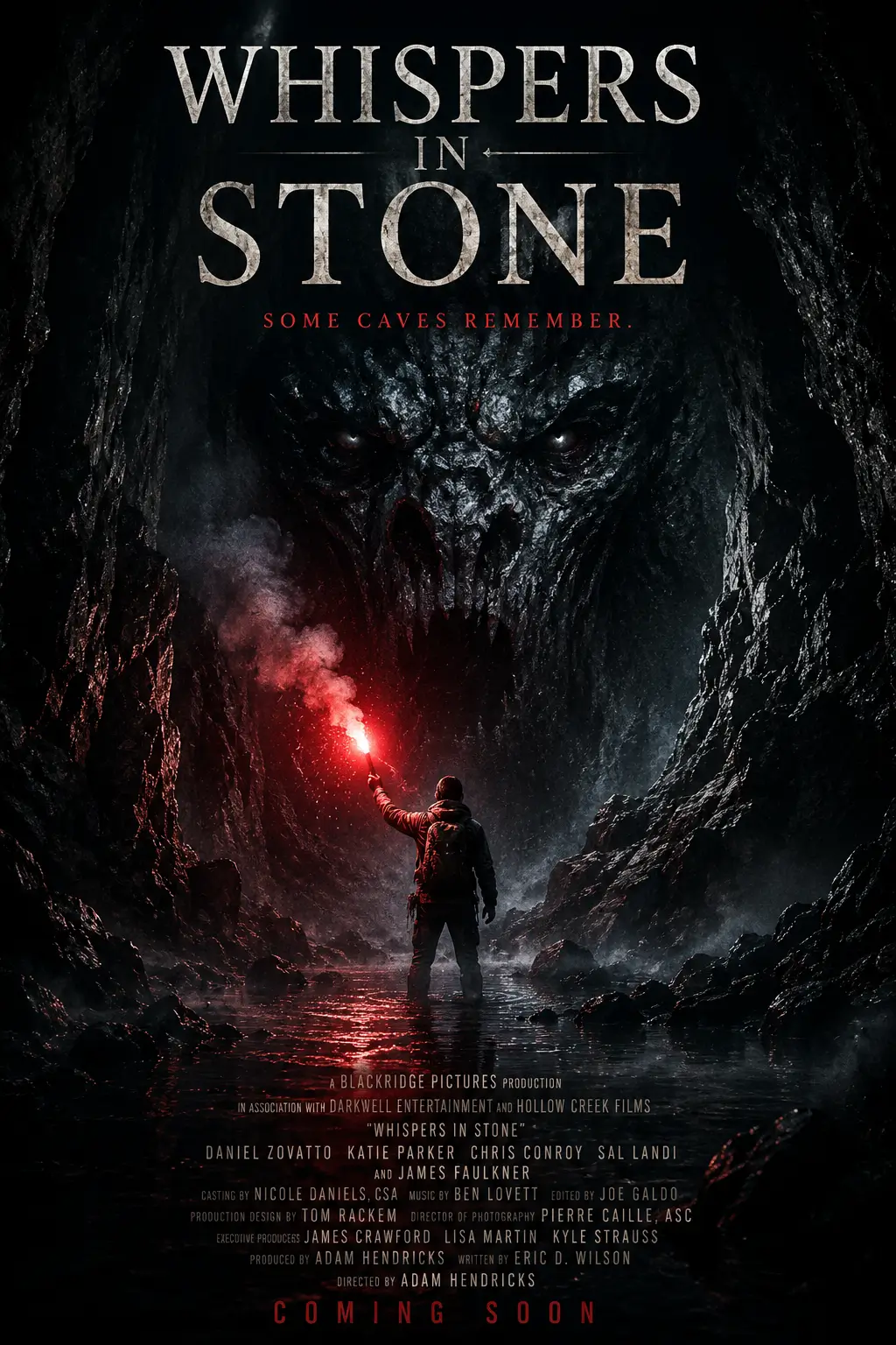 AI-generated horror movie poster showing a dark creature emerging from a stone-filled abyss as a person stands in red light below.